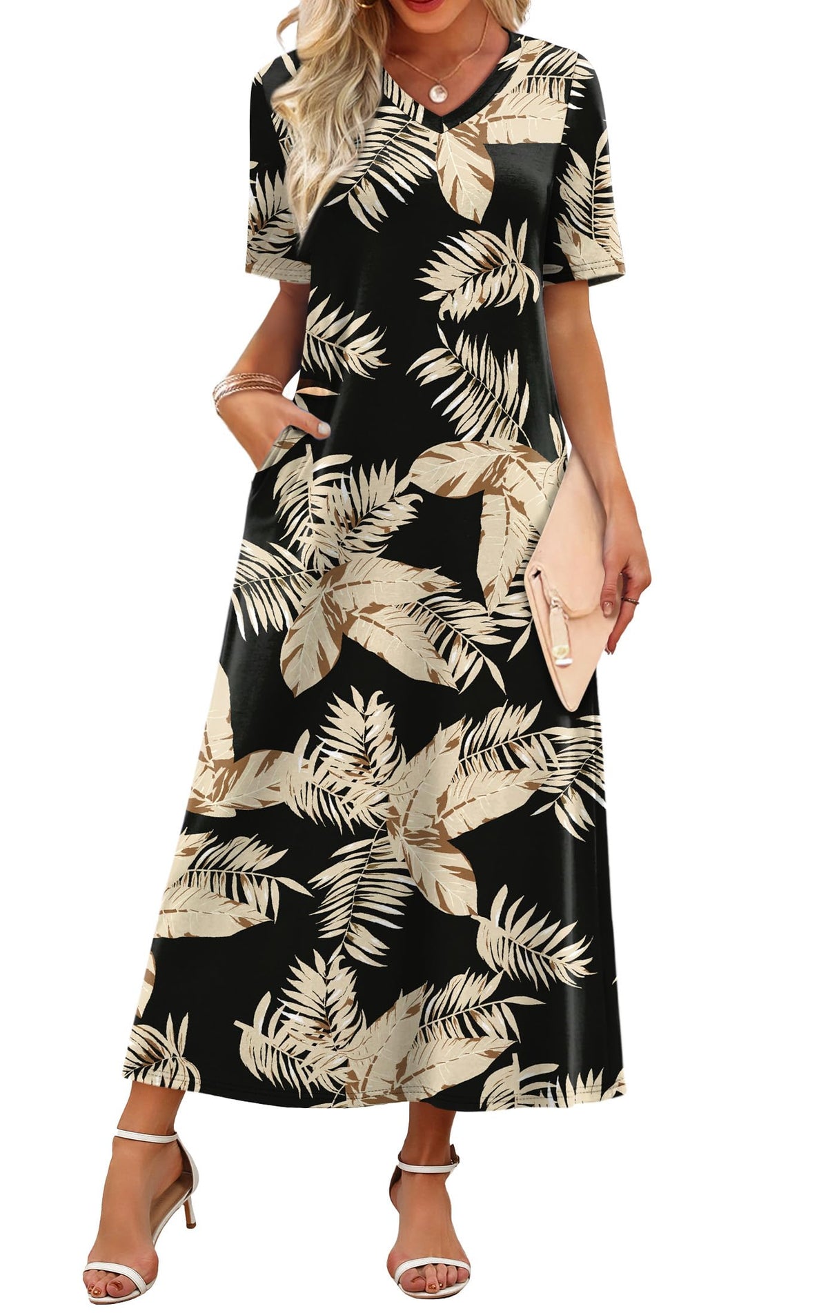 WIHOLL Women's Maxi Dresses V Neck Vacation Beach Sundresses Floral Travel Summer Dress