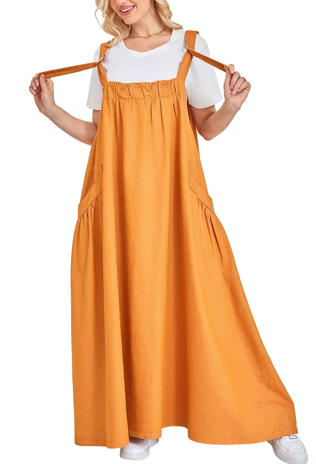 Denim Jumper Dress for Women Loose Version Baggy Style Maxi Length Adjustable Straps Wide Hemline