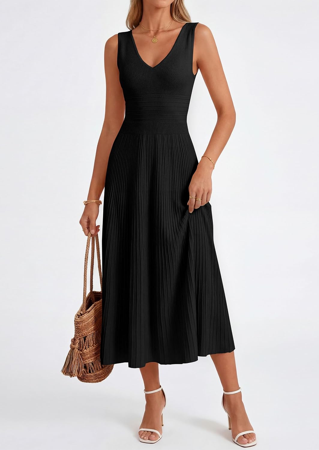 PRETTYGARDEN Women's Summer V Neck Pleated Midi Dress