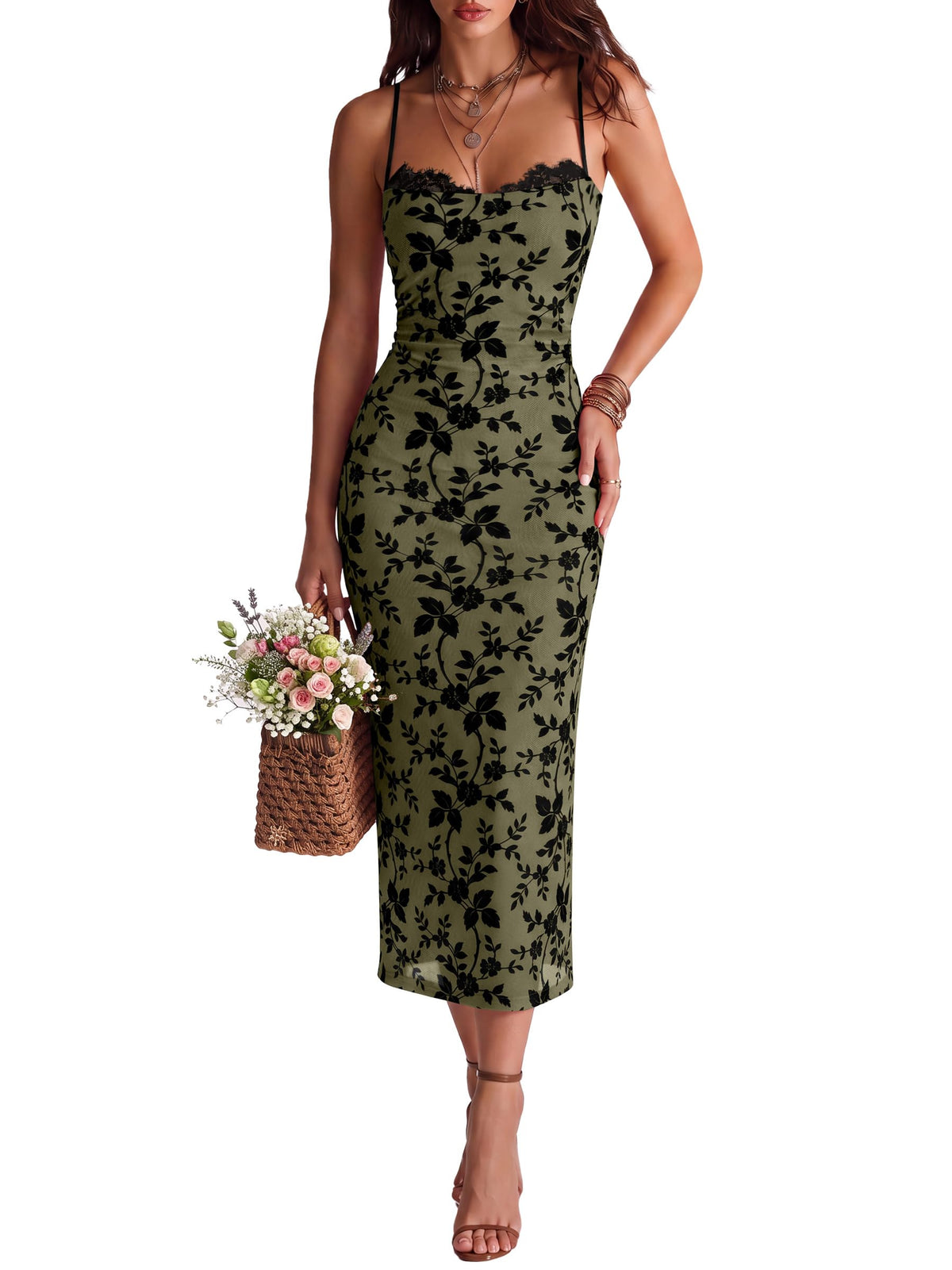 ANRABESS Women's Semi Formal Bodycon Floral Midi Dresses