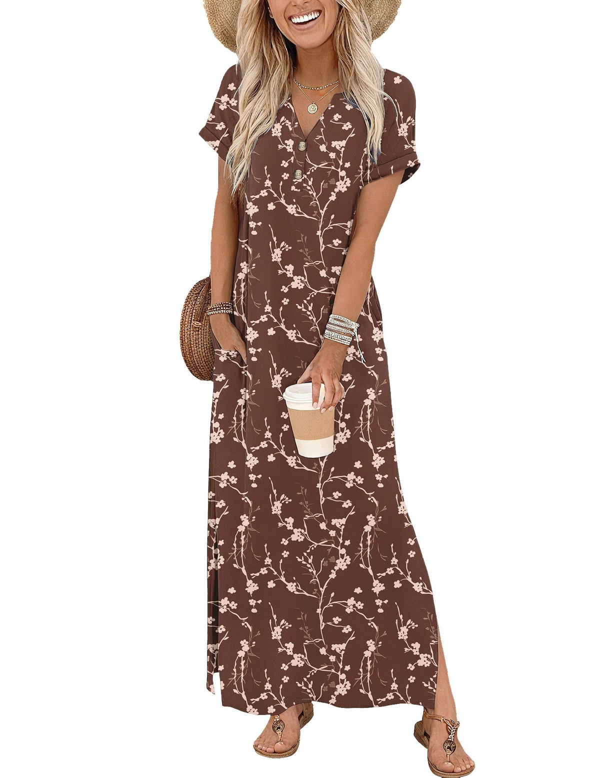 Zeagoo Summer Dresses for Women 2026 Maxi Dresses Vacation Sundress Short Sleeve Casual Sundresses Split Dress with Pockets