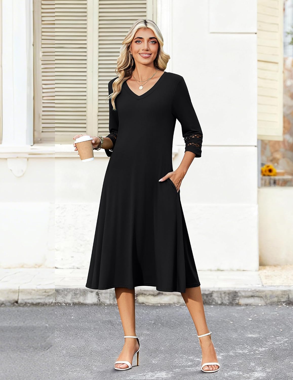 Zeagoo Women's Dresses 3/4 Sleeve Casual V-Neck A Line Eyelet Midi Dress