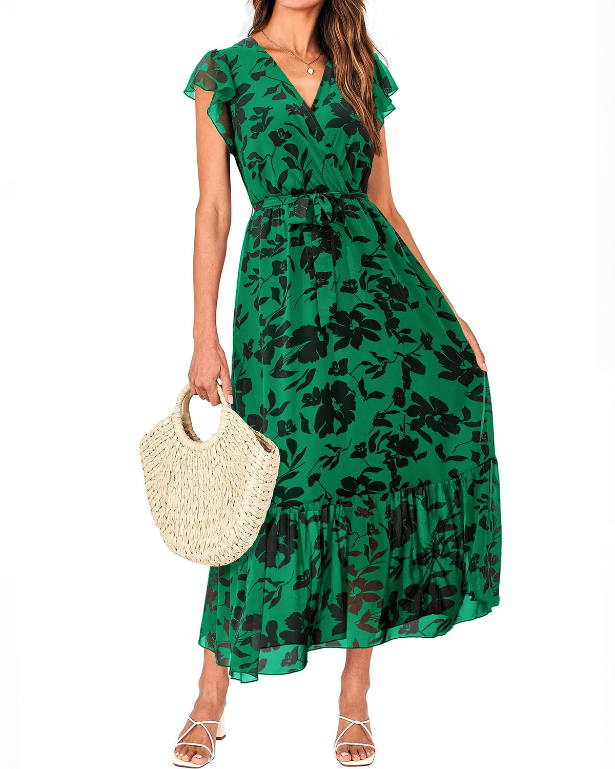 BTFBM Women Summer Casual Wrap V Neck Ruffle Cap Sleeve Belted Midi Dress