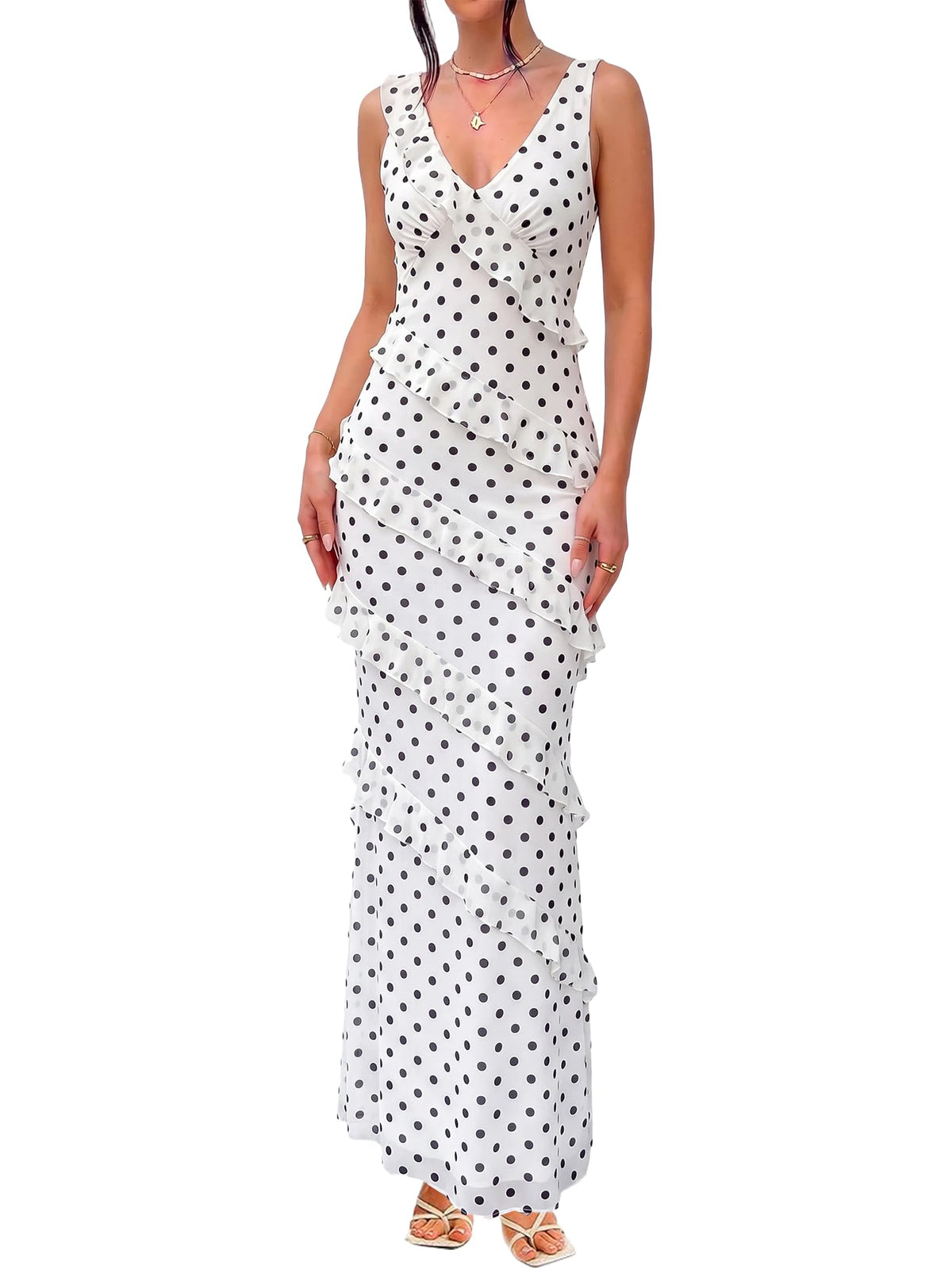 HOCILLE Women's Sexy V Neck Backless Long Cocktail Dress Bodycon Elegant Ruffle Maxi Wedding Guest Party Dresses