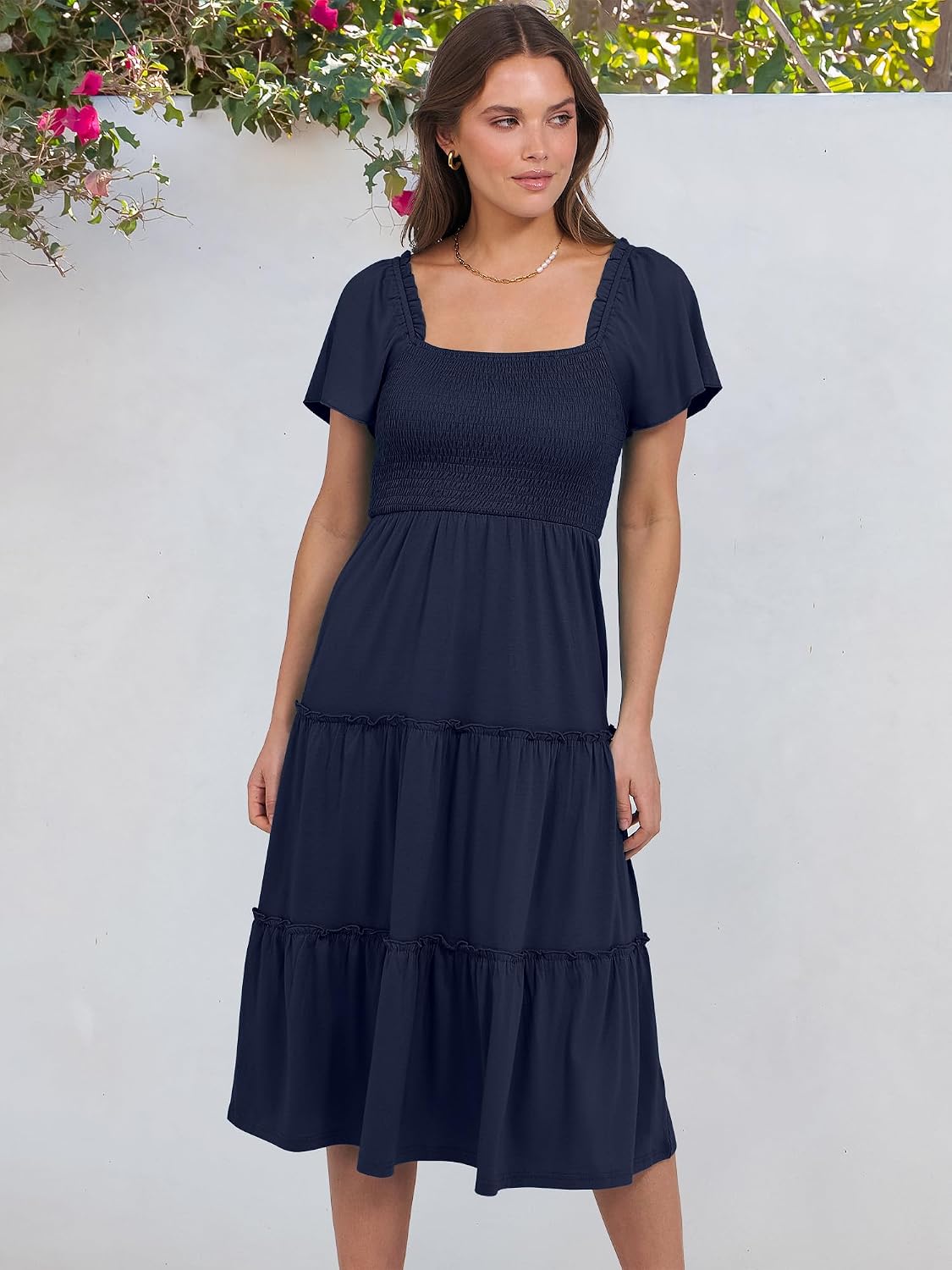 ANRABESS Women Summer Casual Square Neck Flutter Sleeve Boho Smocked A-Line Flowy Tiered Modest Midi Sun Dress with Pockets