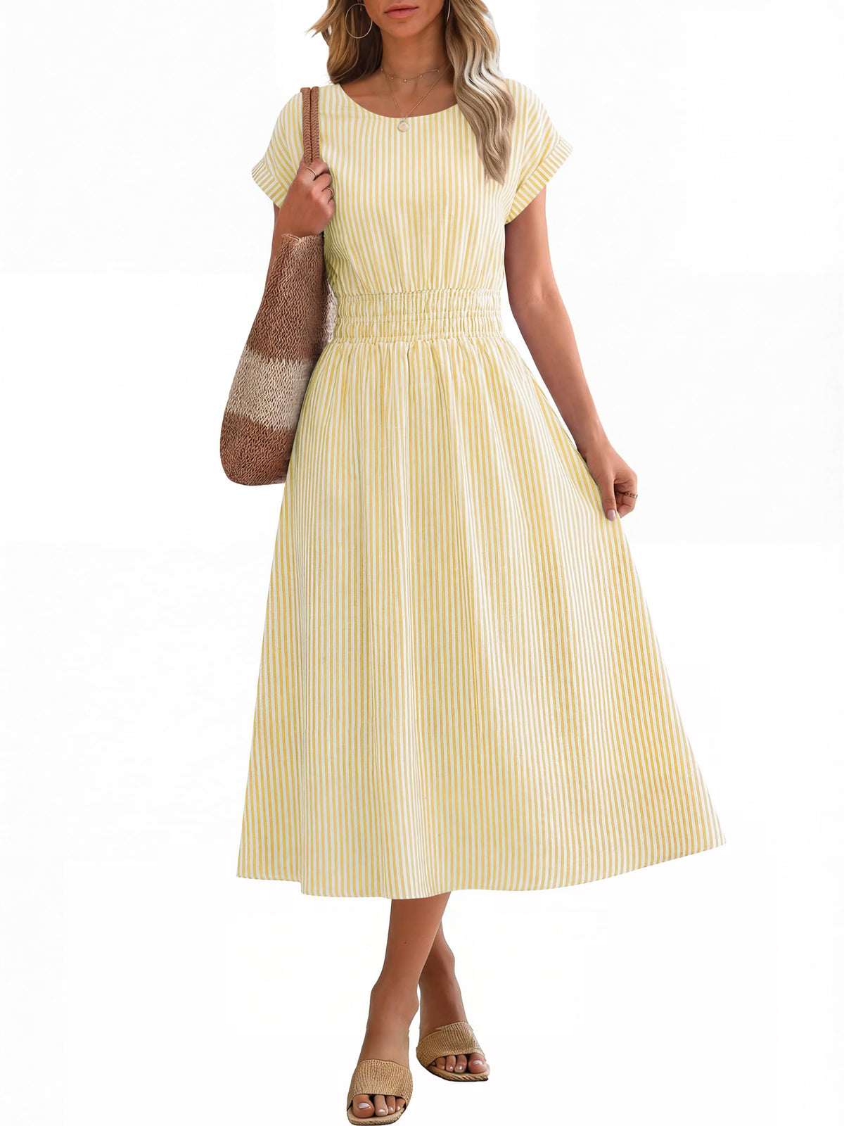 ANRABESS Womens Summer Midi Dress Striped Casual Short Sleeve Crewneck Elastic Waist 2026 Flowy Long Beach Dress with Pockets