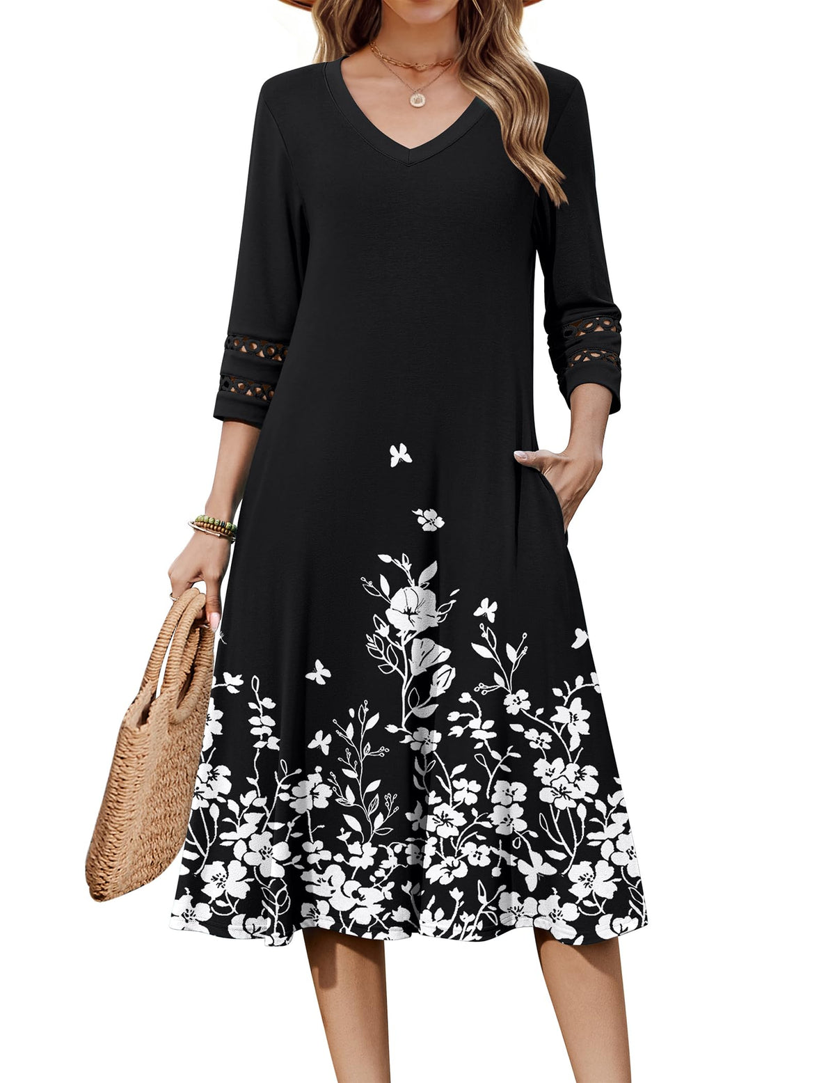 Zeagoo Women's Dresses 3/4 Sleeve Casual V-Neck A Line Eyelet Midi Dress
