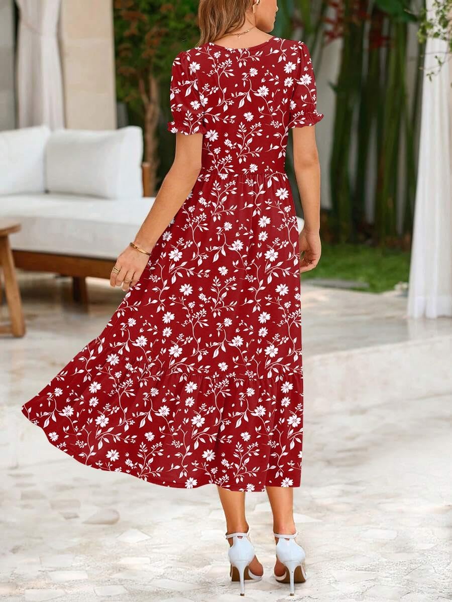 Zeagoo Summer Dresses for Women Flowy Casual Midi Dress Short Sleeve Tiered Dress Beach Vacation Sundresses with Pockets