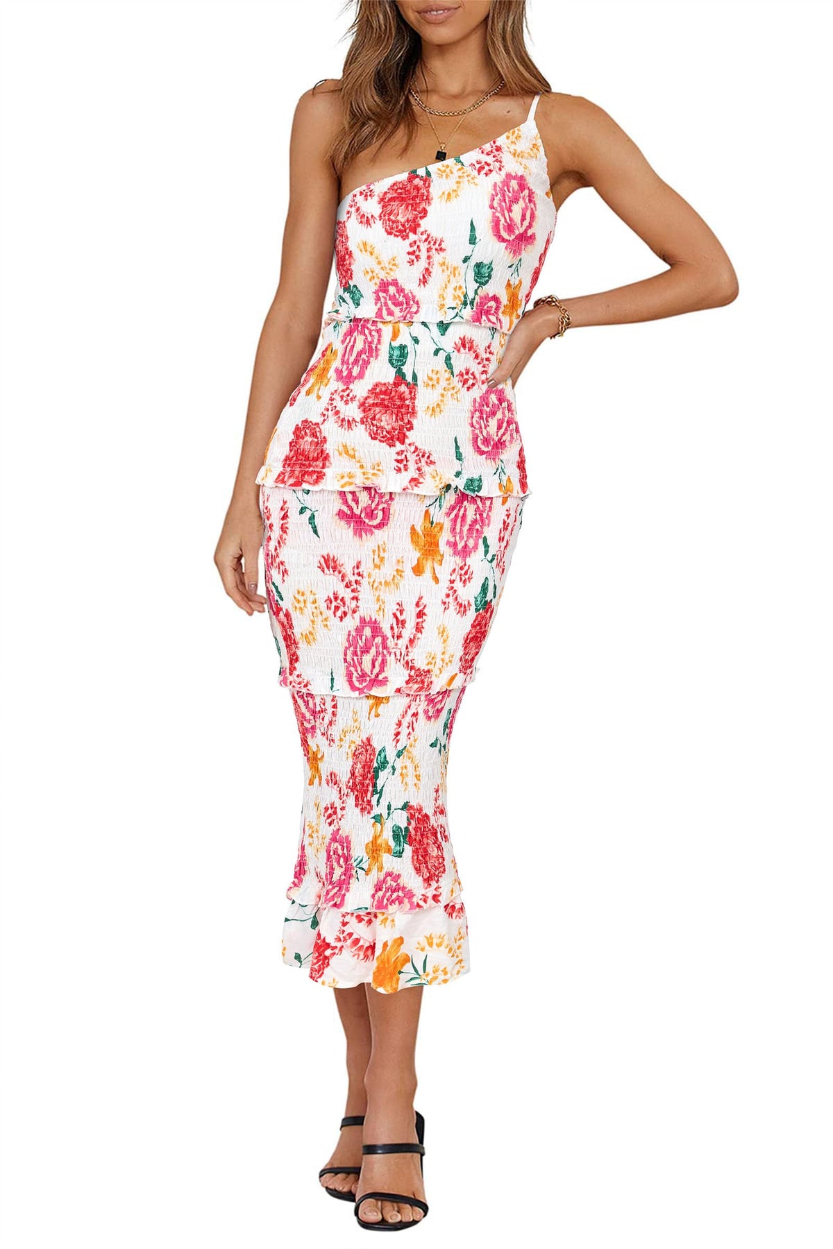 PRETTYGARDEN Women's Summer Midi Bodycon Dresses One Shoulder Strappy Tiered Ruffle Floral Boho Sun Dress