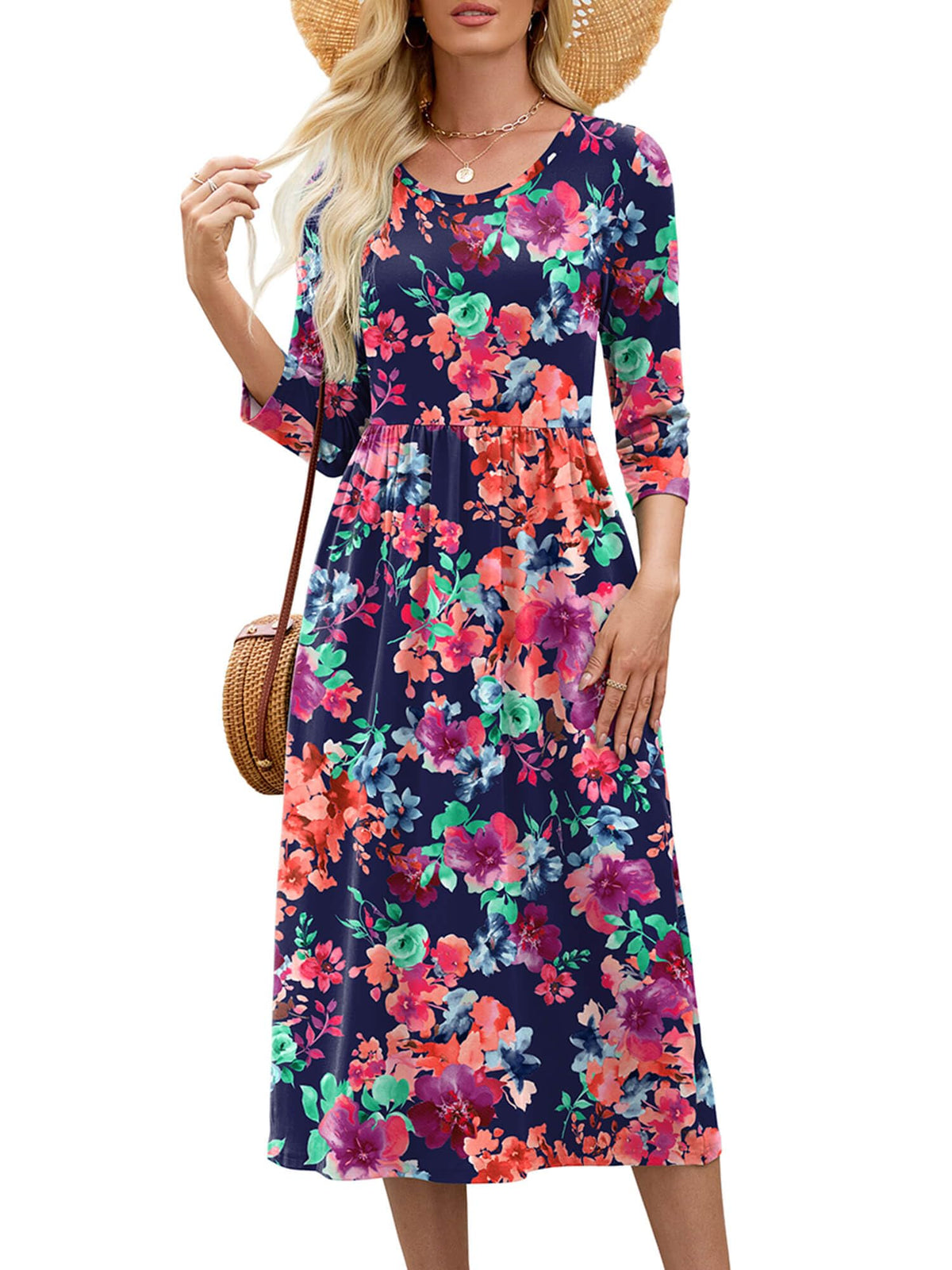 Heymoments Women's Casual 3/4 Sleeve Midi Dress with Pockets