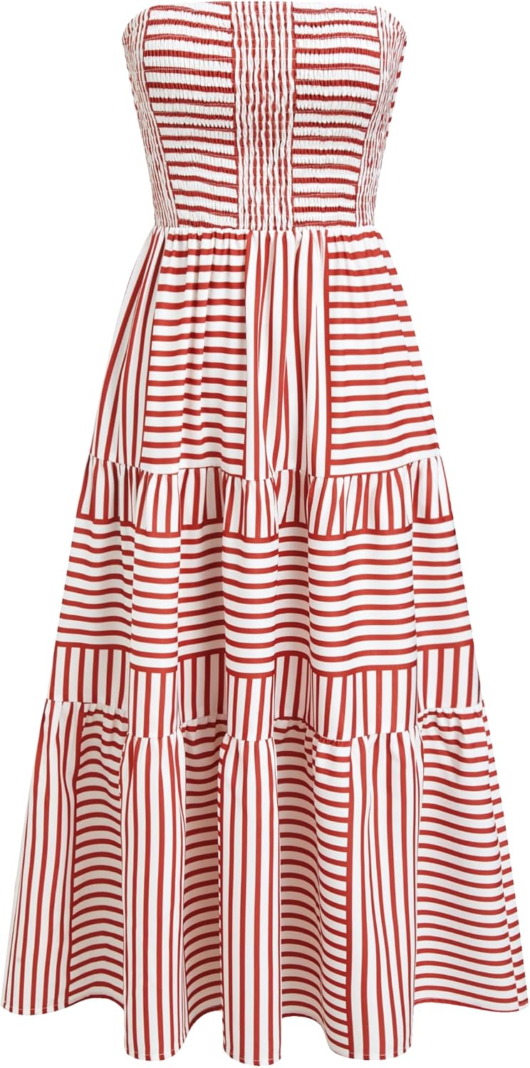 CIDER Women's Strapless Dress with Pockets Tube Striped Long Midi Dresses A Line Beach Vacation Casual Summer Outfits