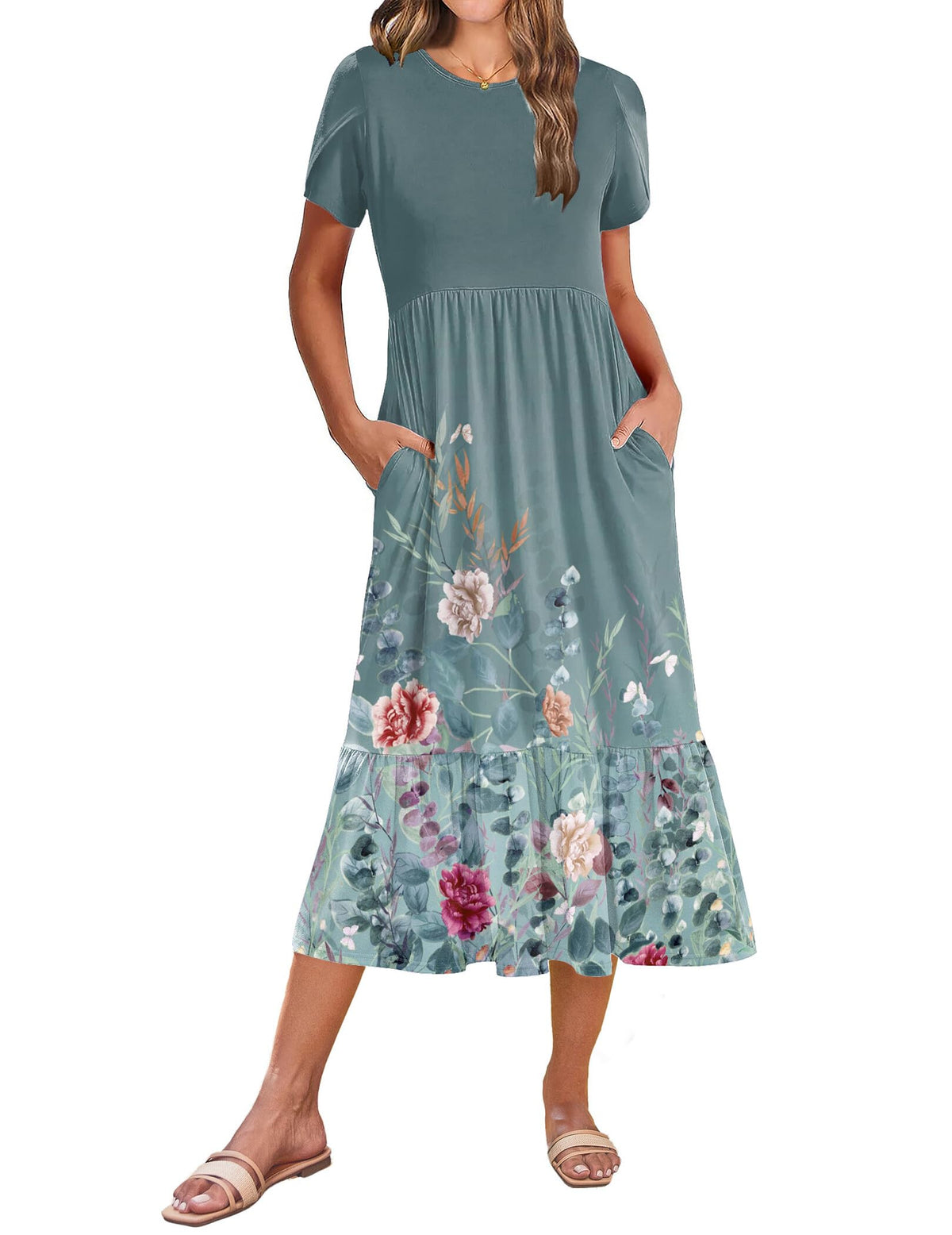 Zeagoo Women Summer Midi A Line Dress Short Sleeve Casual Flowy Tiered Beach Long Sundress with Pockets 2026 Vacation Travel
