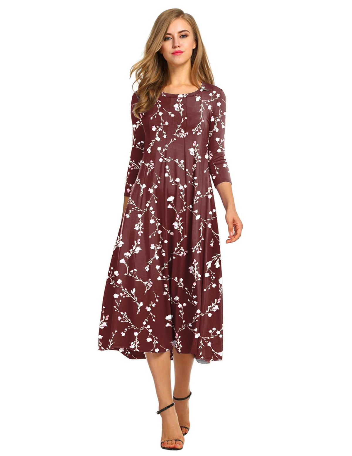 HOTOUCH Women's 3/4 Sleeve A-line and Flare Midi Long Dress