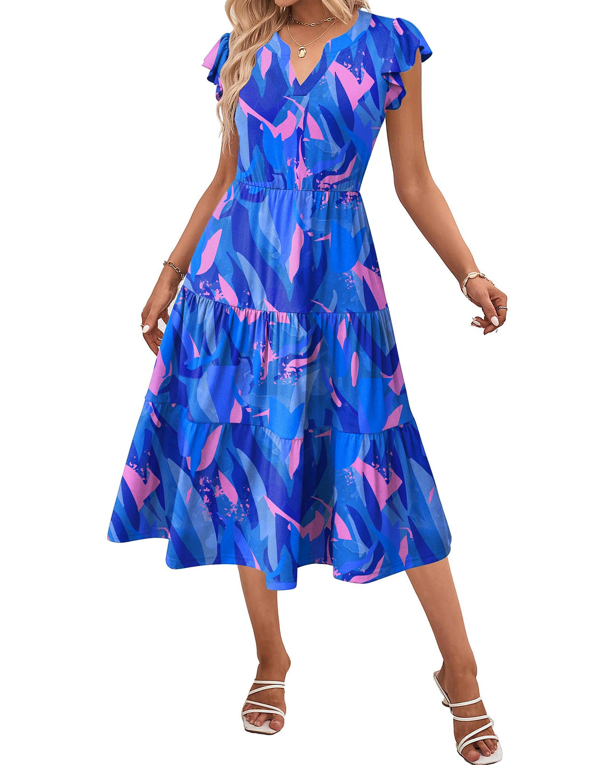 ZEAGOO Womens Summer Casual Dresses Ruffle Sleeve V Neck Midi Dress Flowy Tiered Dress with Pockets Boho Sundresses