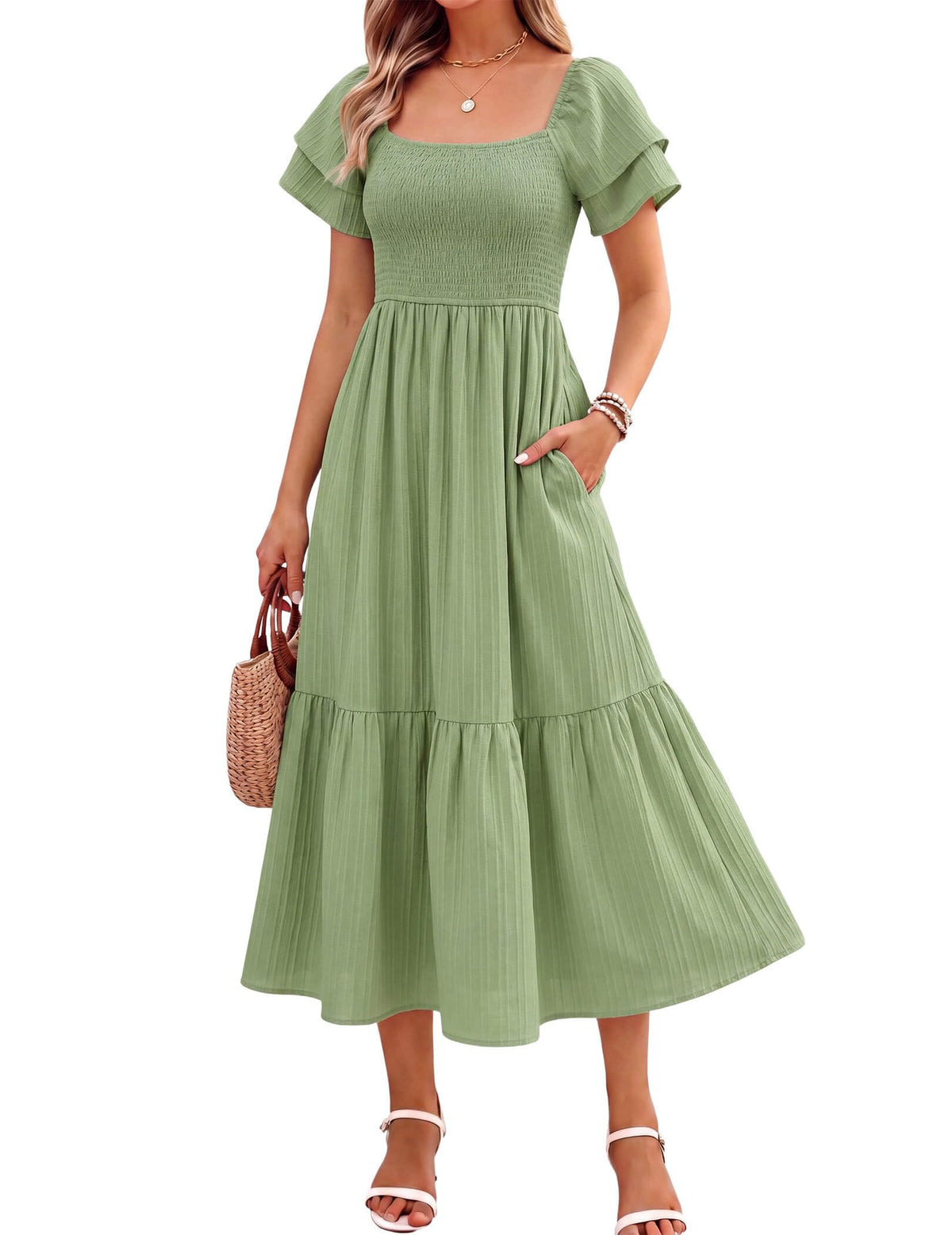 Women's Summer Midi Dress Short Sleeve Square Neck Off Shoulder Ruffle Elastic High Waist Vacation Dress with Pockets