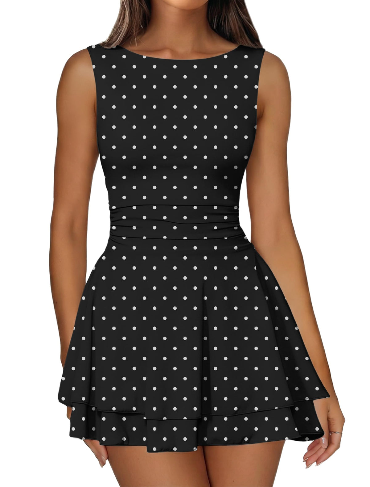 IWD Women's Boat Neck Sleeveless Mini Dress Tiered Ruffle Hem Party Dresses