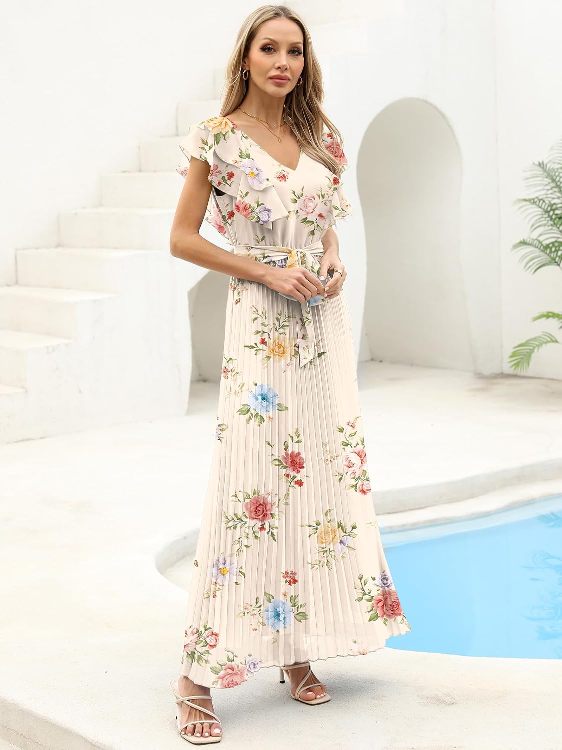 ANRABESS Women V Neck Ruffle Sleeve Floral Pleated Maxi Dresses Summer Boho Belt Empire Waist Wedding Guest Party Flowy Dress