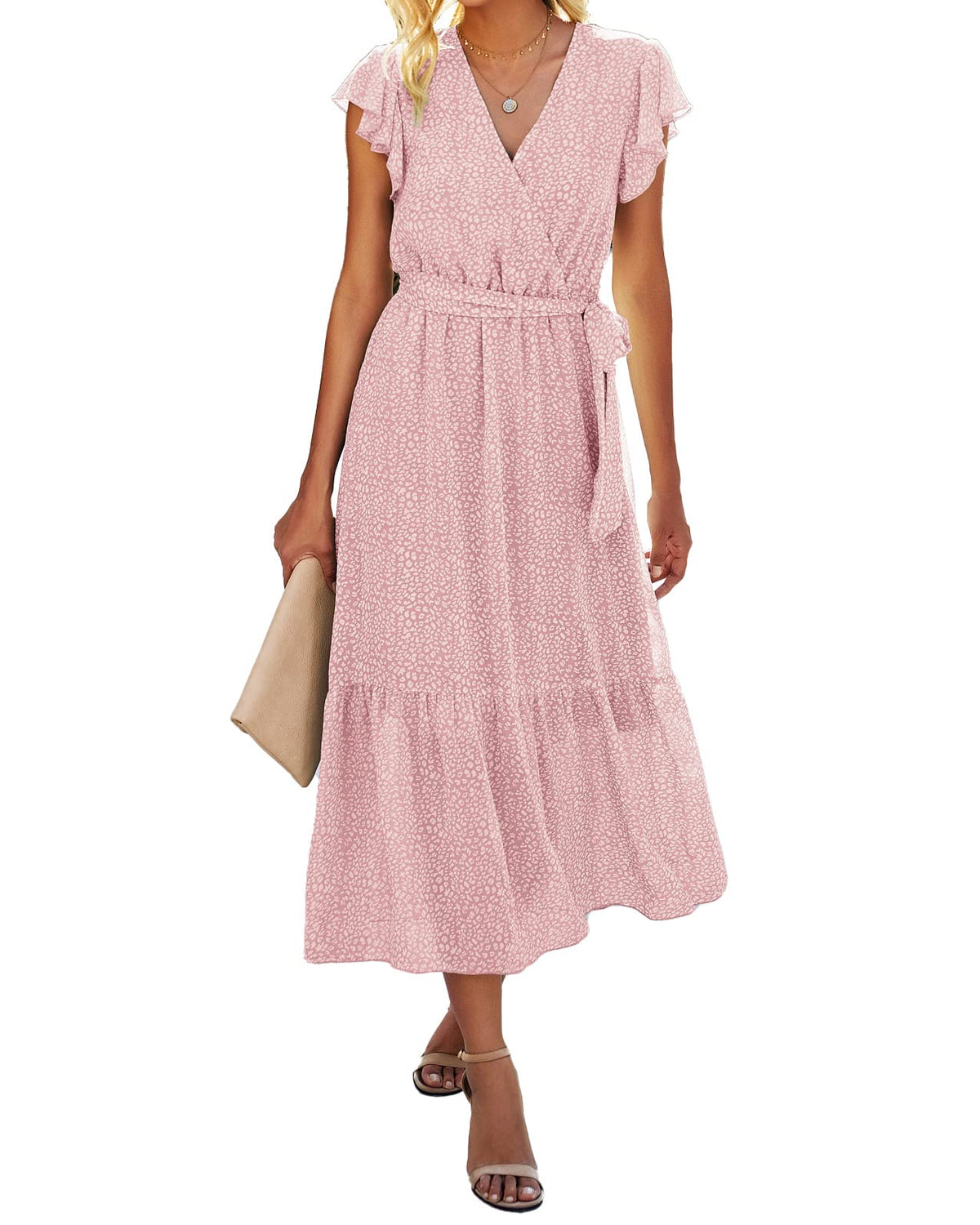 BTFBM Women Summer Casual Wrap V Neck Ruffle Cap Sleeve Belted Midi Dress