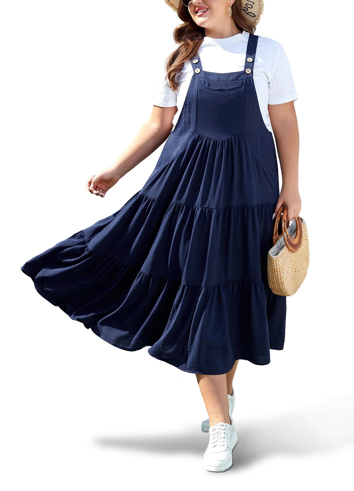 Moon Wood Plus Size Overall Dress for Women Summer Casual Maxi Dresses Jumper Dresses with Pockets Adjustable Straps