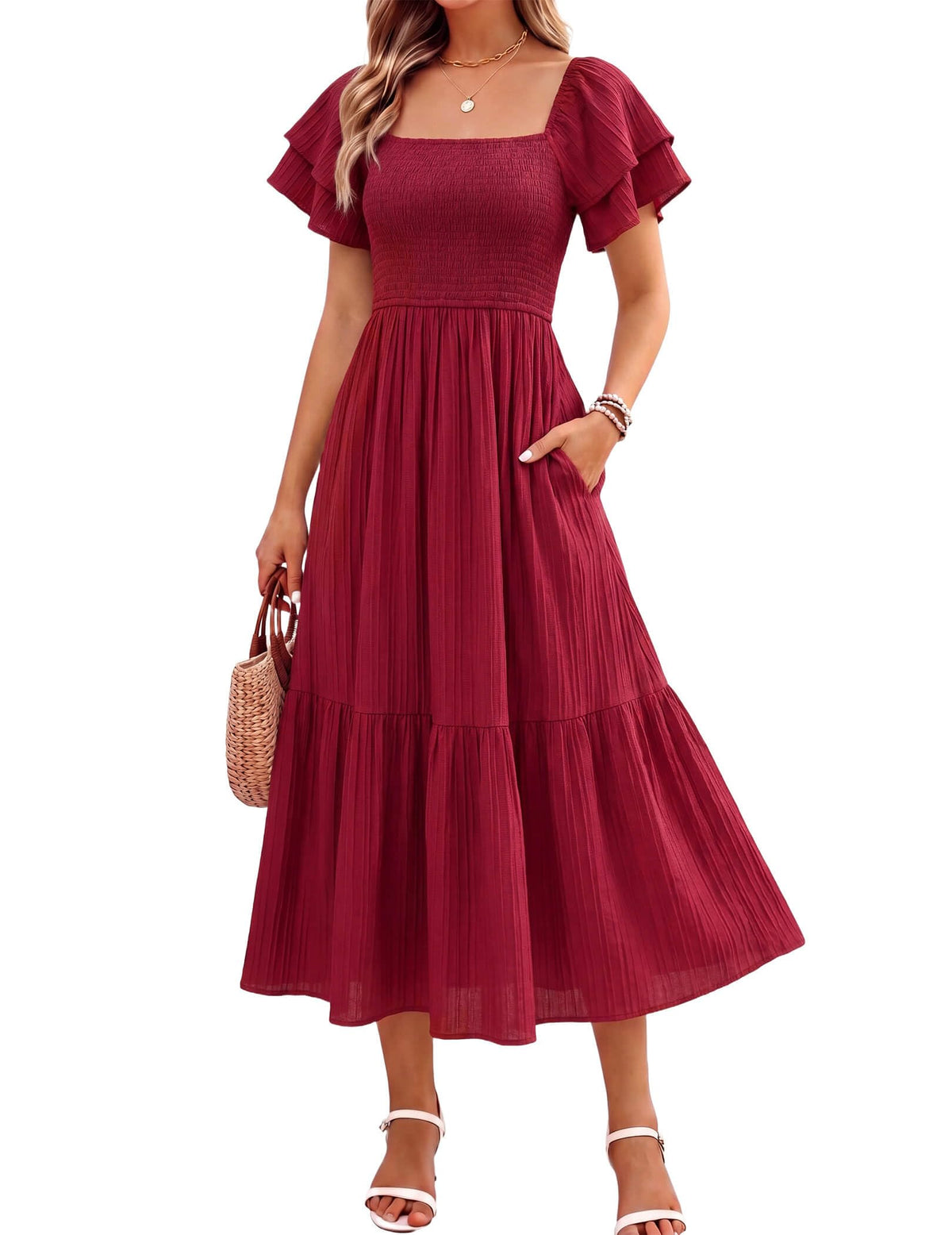 Women's Summer Midi Dress Short Sleeve Square Neck Off Shoulder Ruffle Elastic High Waist Vacation Dress with Pockets