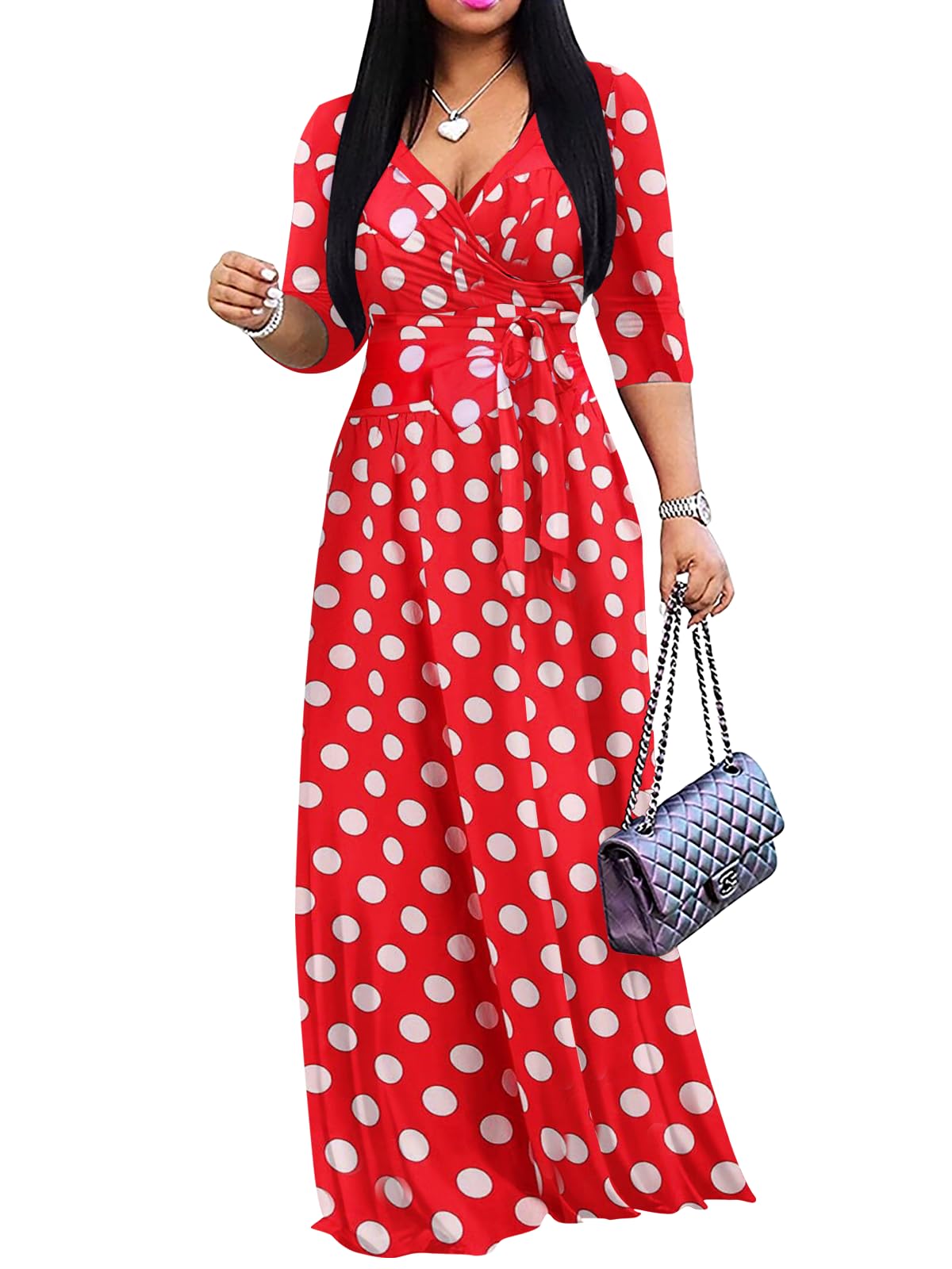 Yajedo Womens Casual Summer Maxi Dress Plus Size Sexy Wrap V Neck 3/4 Sleeve Sundress with Pockets