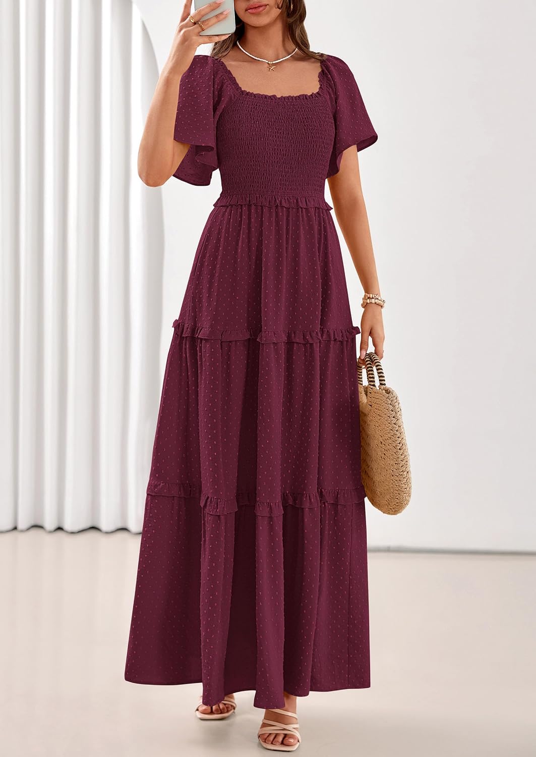 PRETTYGARDEN Womens Summer Dresses Boho Maxi Swiss Dot Dress