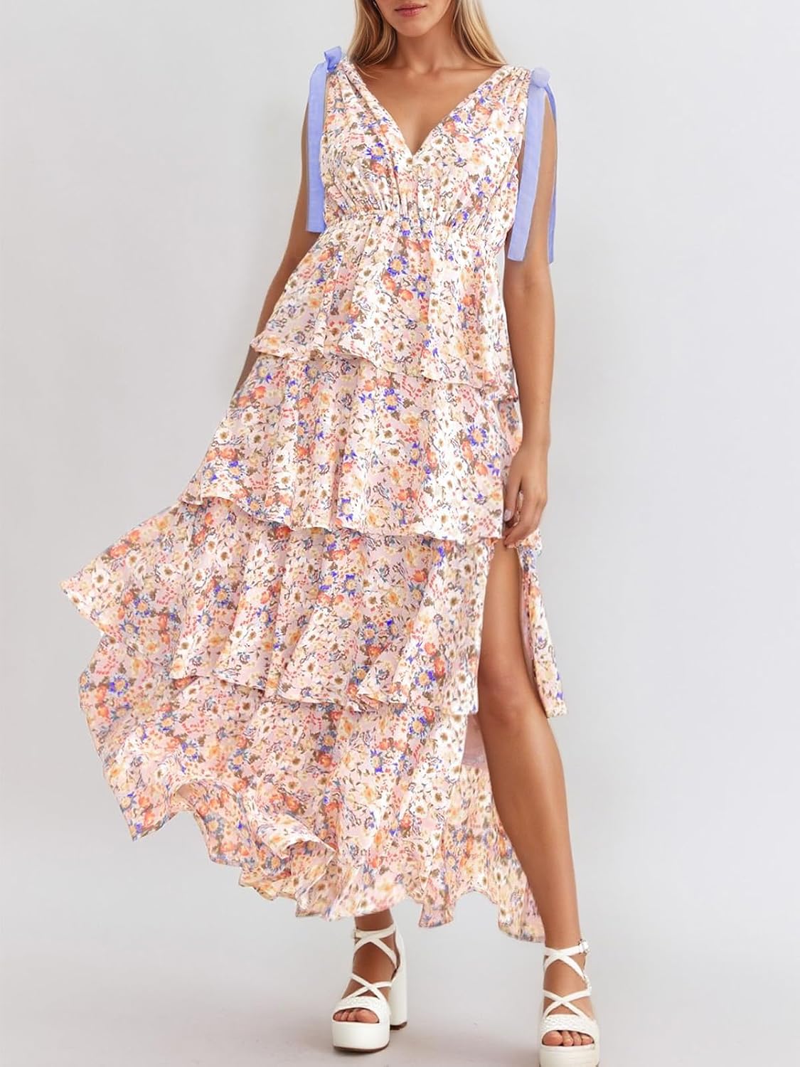 Wenrine Womens Elegant Wedding Guest Dress Floral Ruffle Maxi Dresses