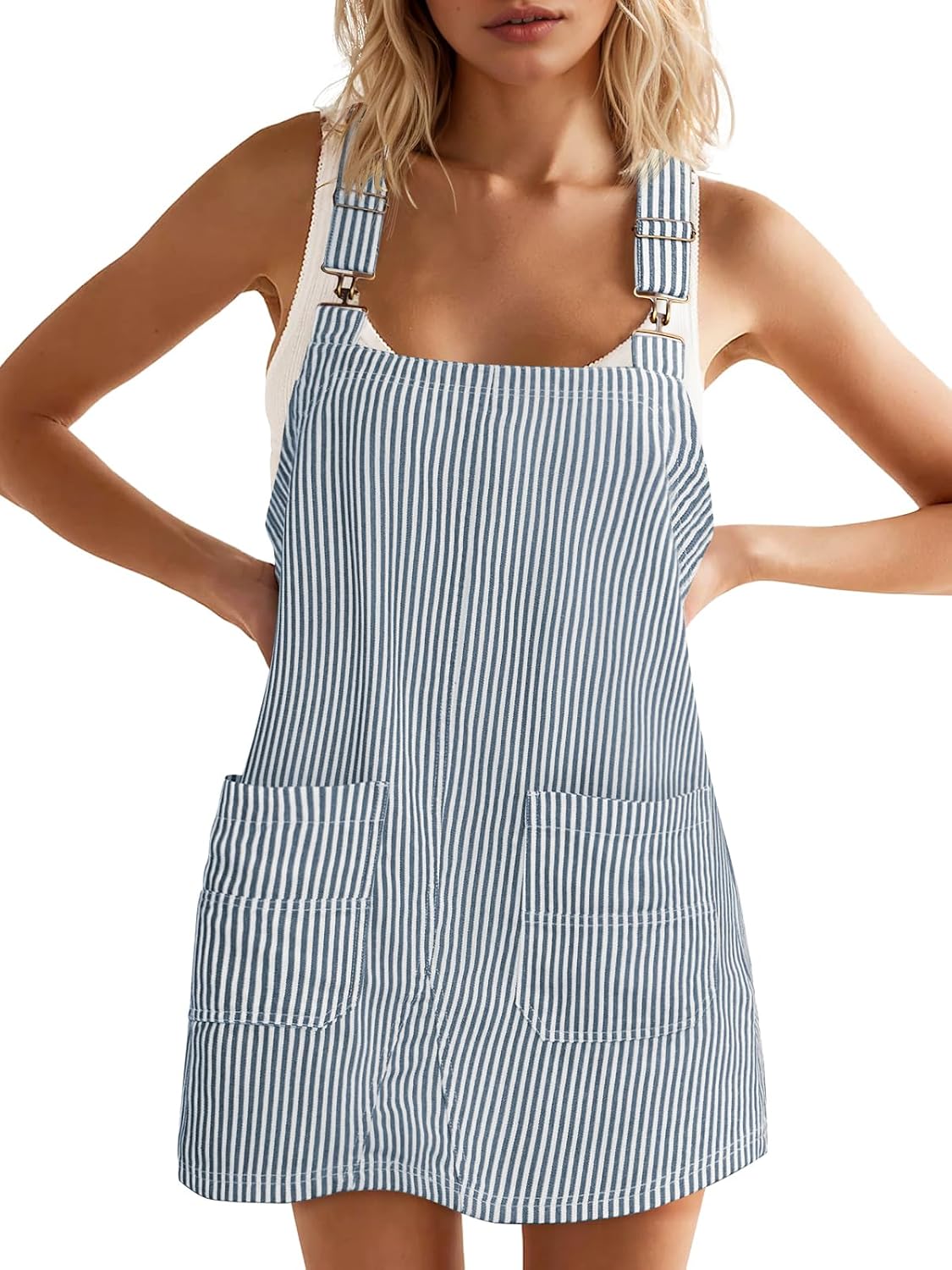 Yousify Womens Casual Denim Dress Striped Overalls Romper Jean Dress