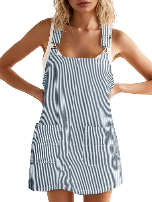 Yousify Womens Casual Denim Dress Striped Overalls Romper Jean Dress