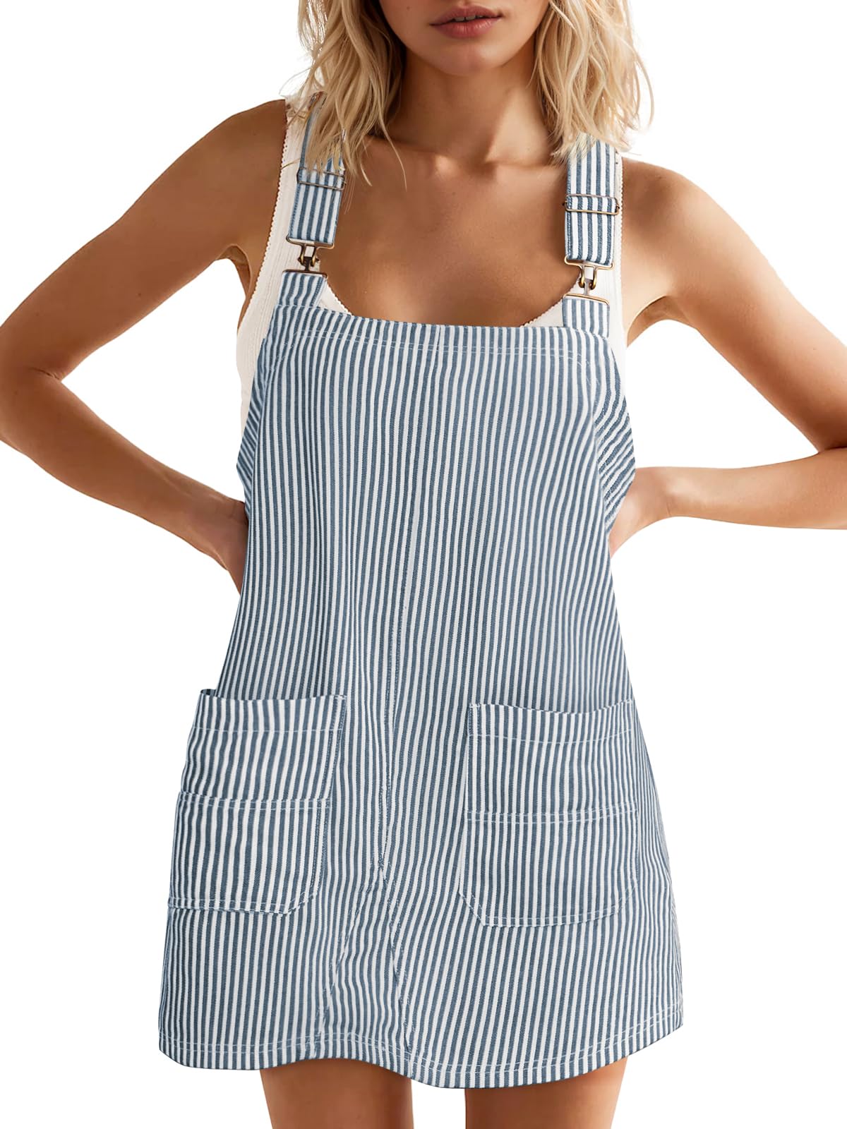 Yousify Womens Casual Denim Dress Striped Overalls Romper Jean Dress