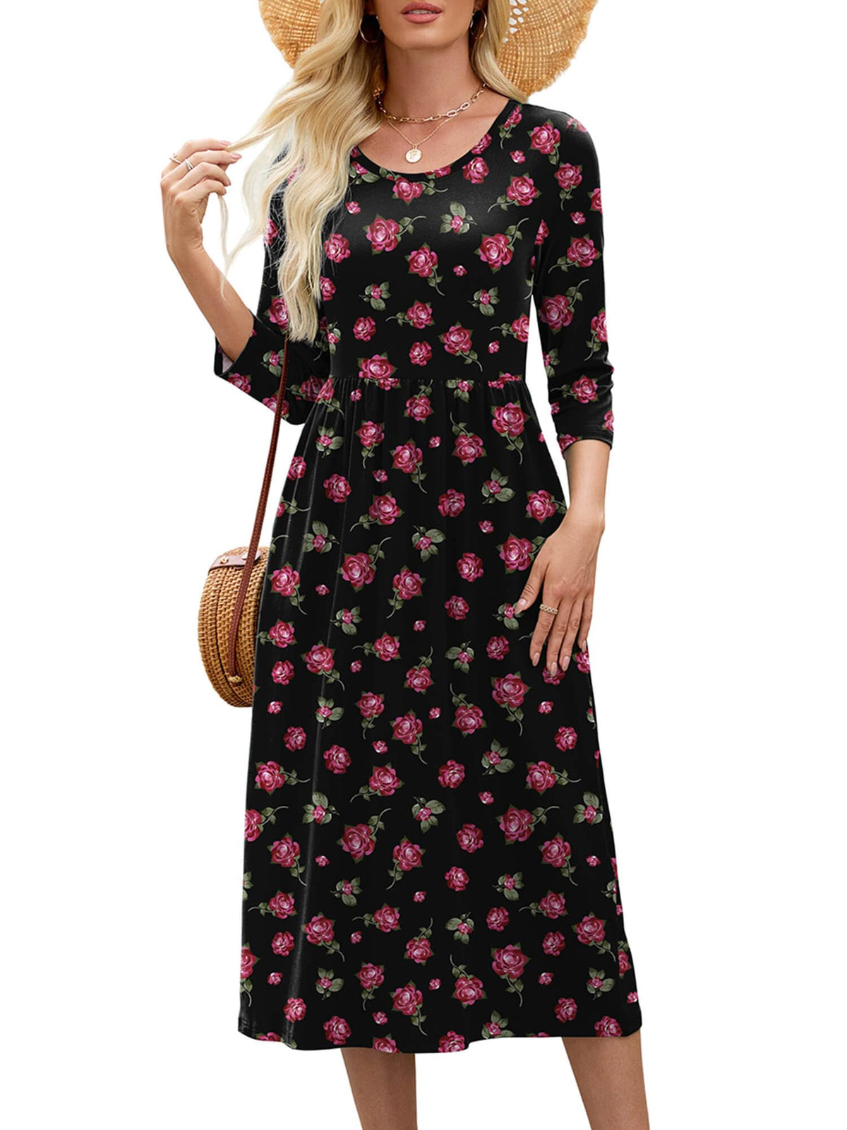 Heymoments Women's Casual 3/4 Sleeve Midi Dress with Pockets