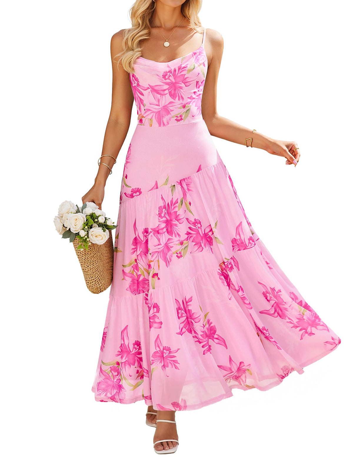 ZESICA Women's Summer Mesh Floral Sleeveless Wedding Guest Dress
