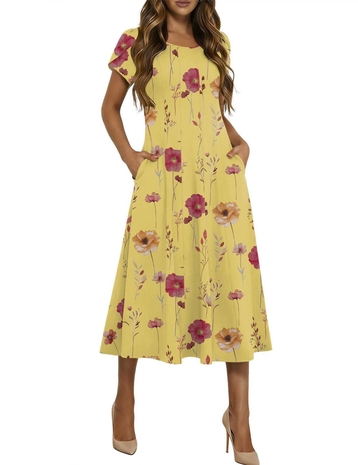 HOTOUCH Summer Dresses for Women 2026 Casual Midi Dress Petal Short Sleeve A Line Dress Pleated Flare Sundress
