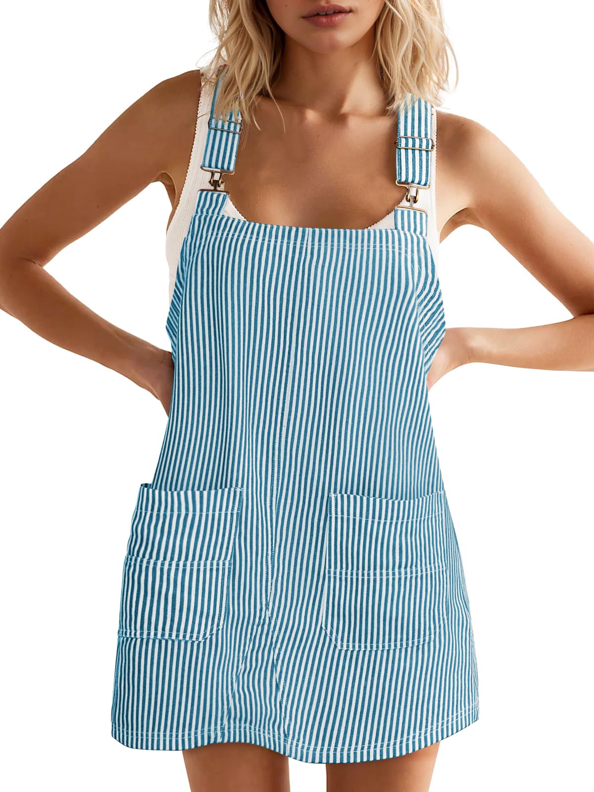 Yousify Womens Casual Denim Dress Striped Overalls Romper Jean Dress