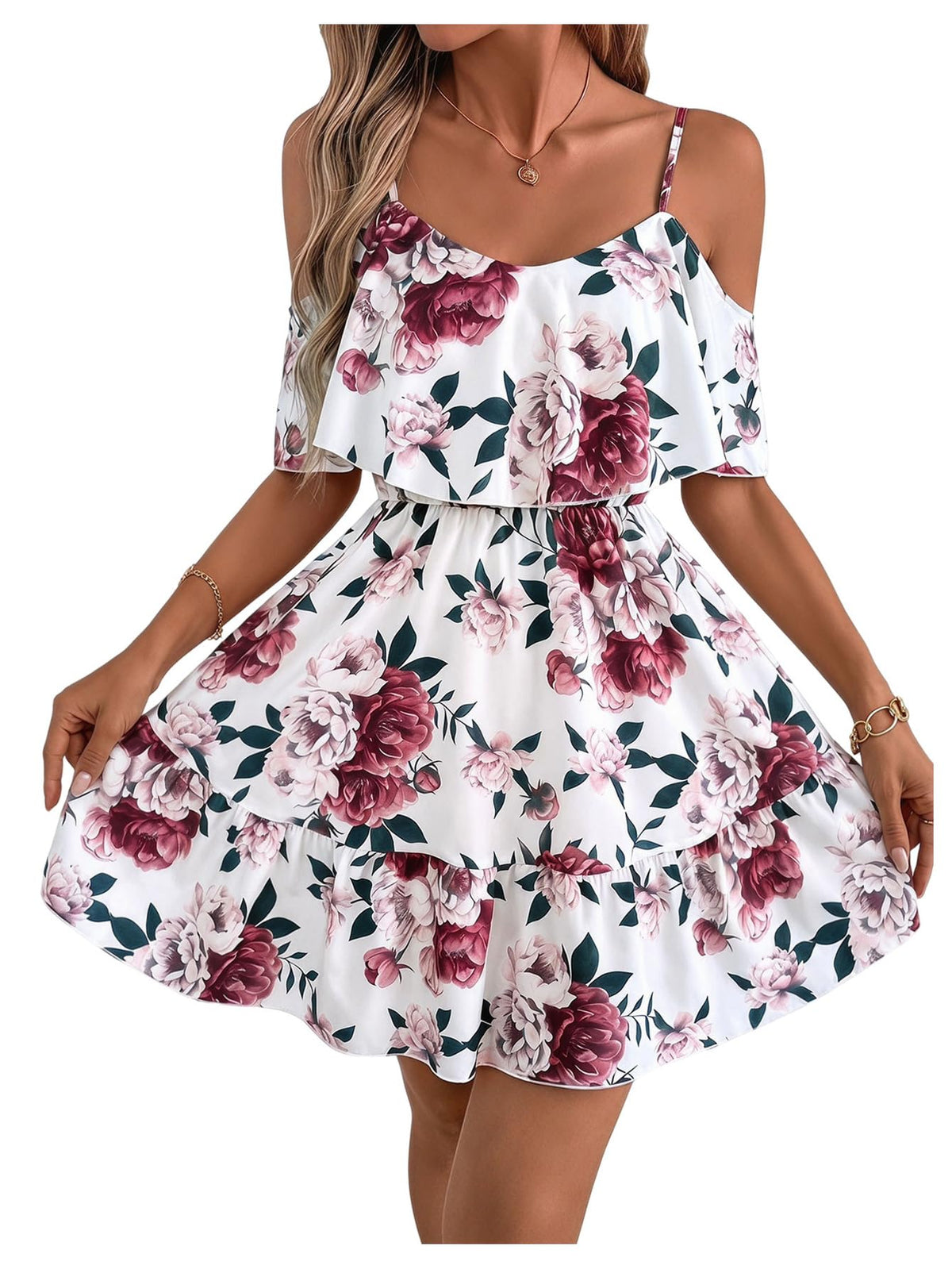 SOLY HUX Women's Summer Floral Mini Dress Cold Shoulder Ruffle Dresses