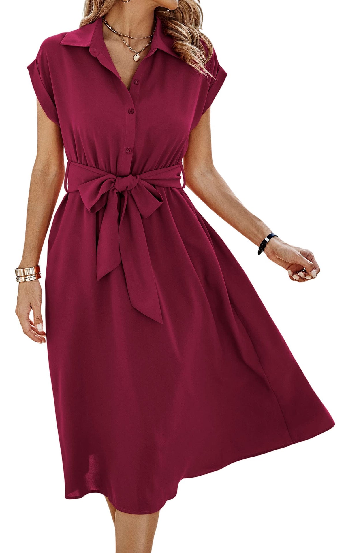 ECOWISH Womens Casual Midi Dresses Solid V Neck Short Sleeve Button Shirt Belted Dress with Pockets for Spring Summer 2026