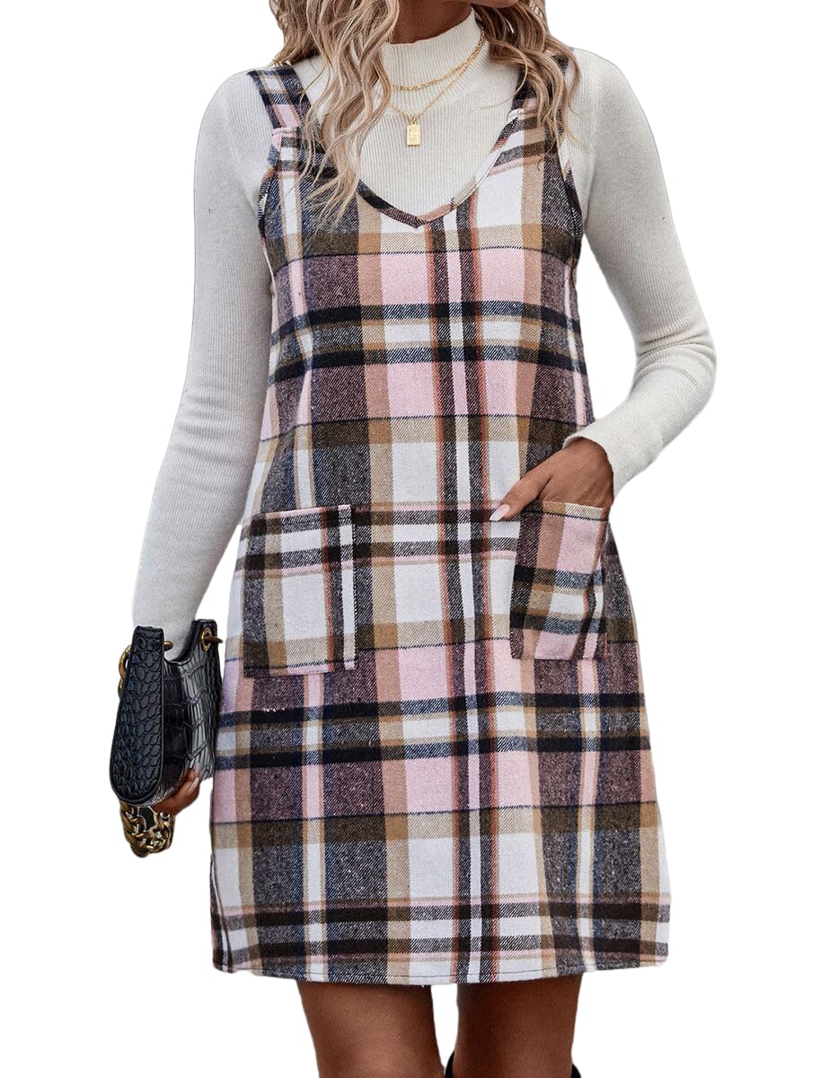 IDEALSANXUN Plaid Overall Dress for Women Fall Winter Sleeveless Plaid Dresses with Pockets