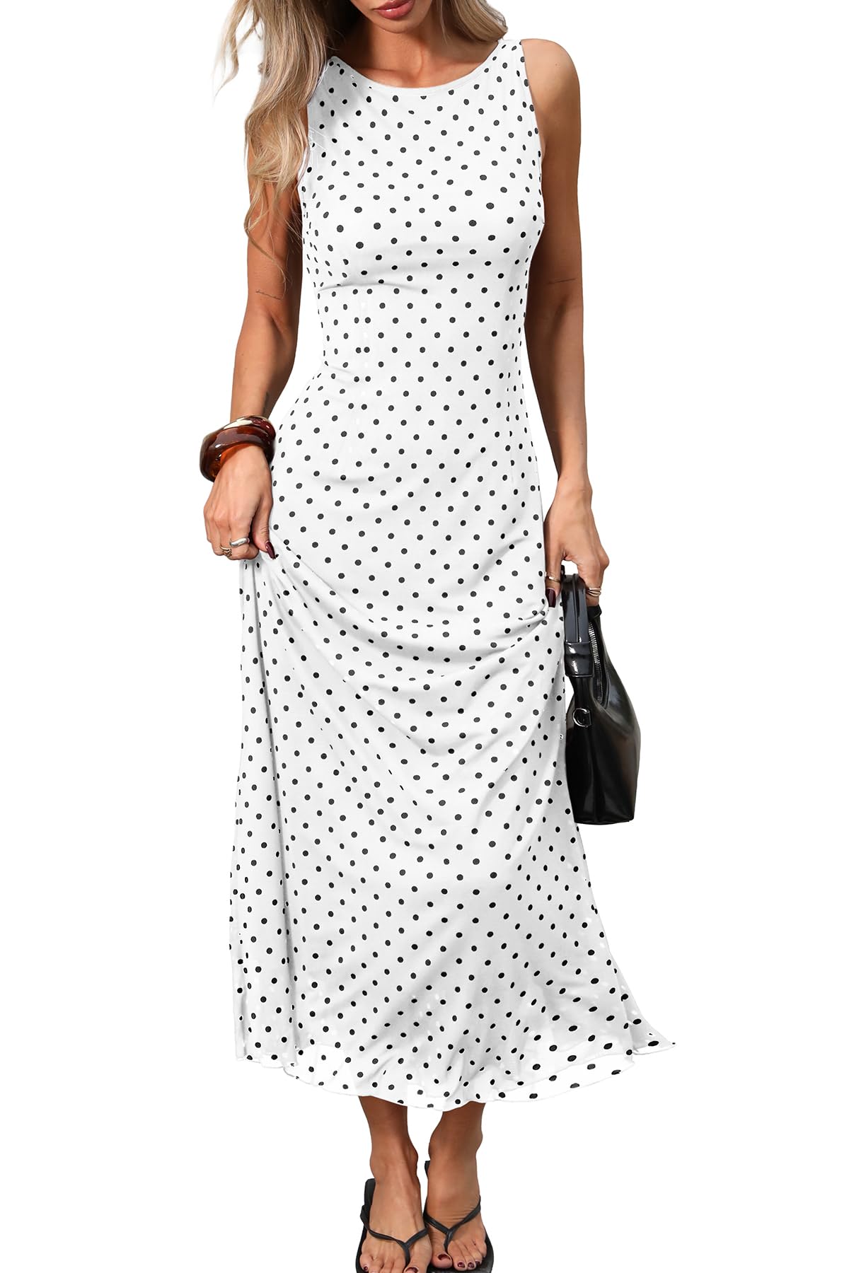 ELLEVEN Women’s Polka Dot Maxi Tank Dress Fitted Elegant Long Dress