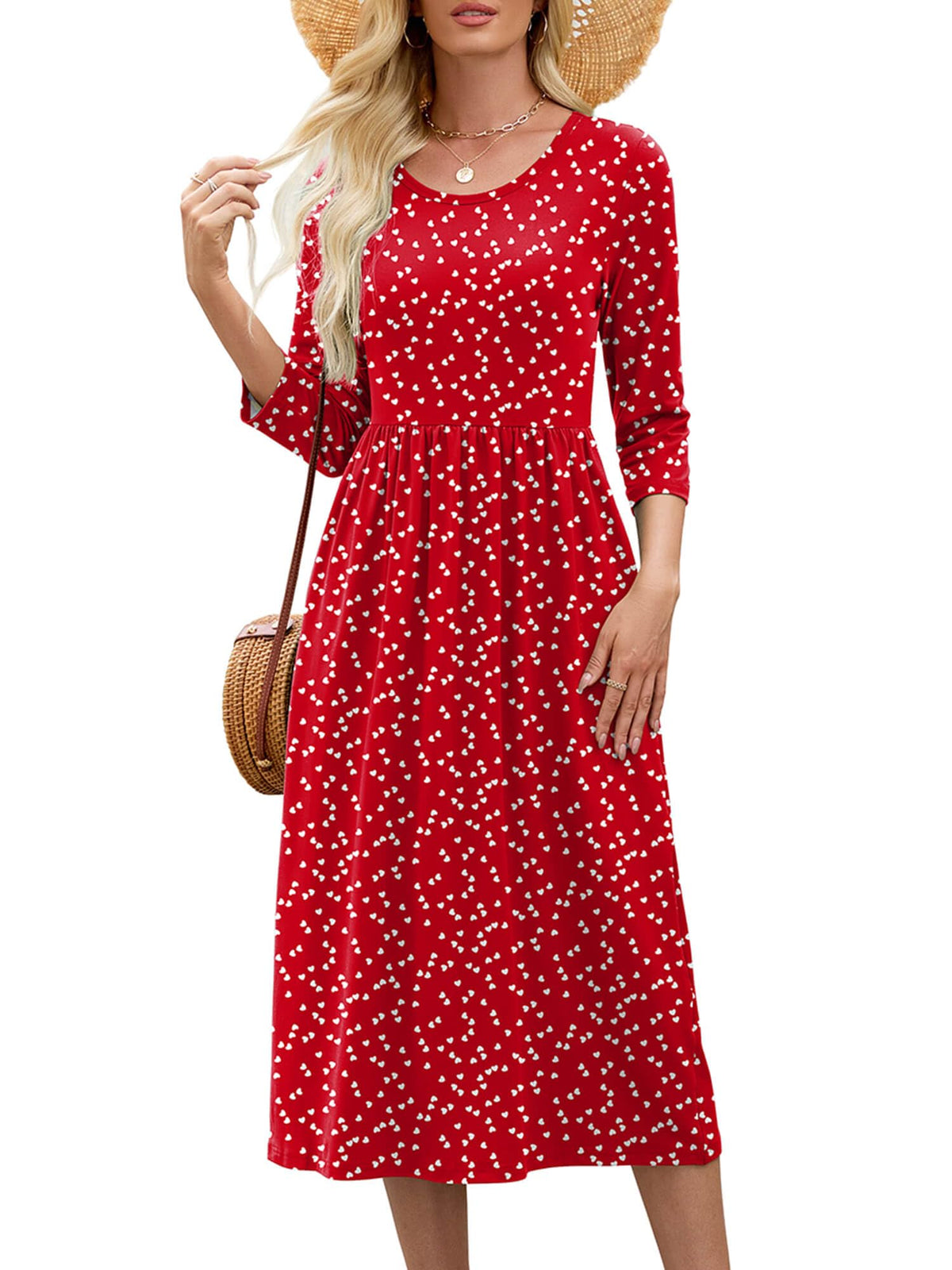 Heymoments Women's Casual 3/4 Sleeve Midi Dress with Pockets
