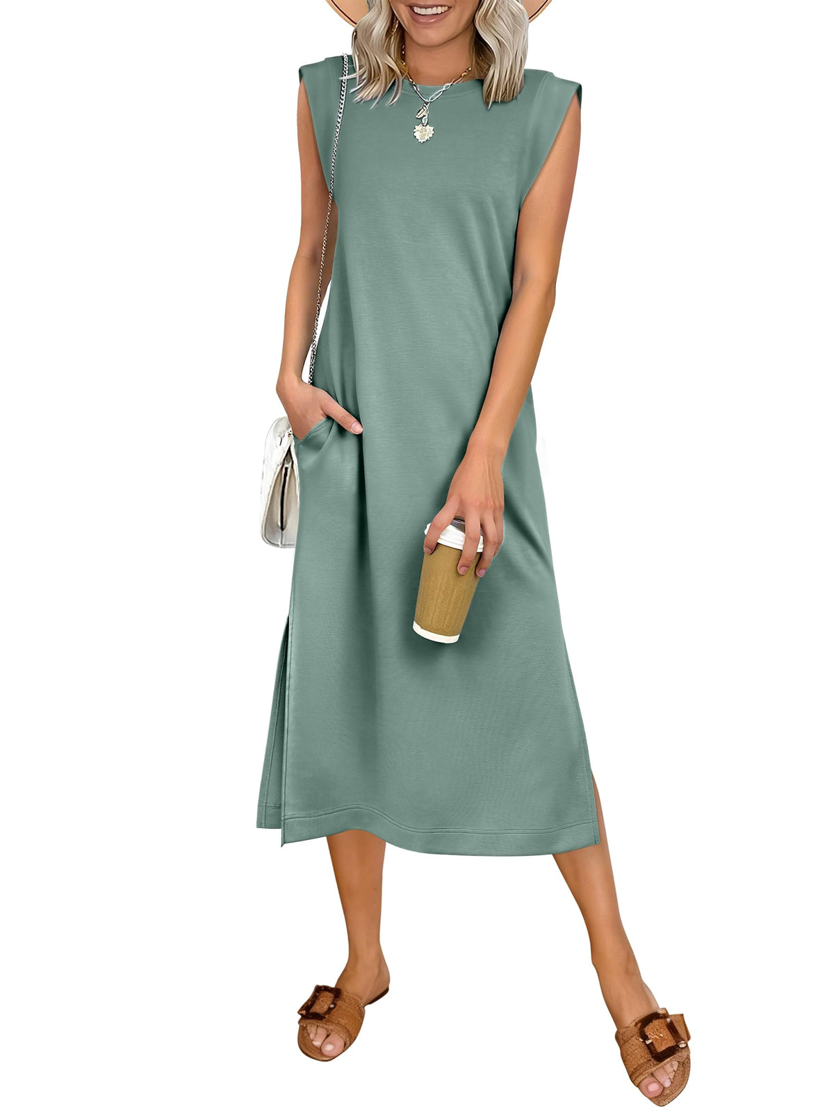 ANRABESS Womens Summer Casual Midi Dress Sleeveless Crewneck Loose Split Wrinkle-Free Beach Travel Vacation Long Sundress