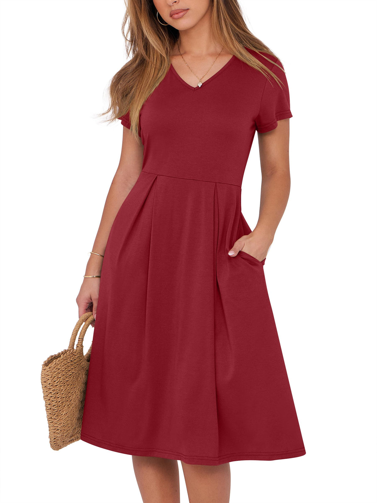 ANRABESS Women Summer Dress Casual Short Sleeve V Neck A-Line Knee Length Pleated Flowy 2026 Fashion Midi Dresses with Pocket