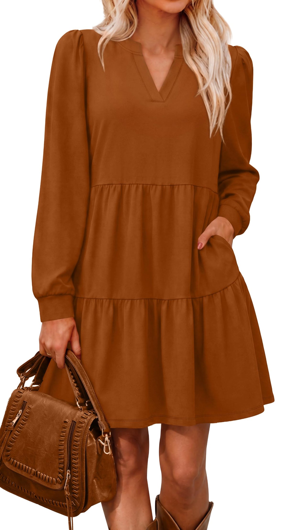 OFEEFAN Fall Dresses for Women V Neck Long Sleeve Tiered Dress with Pockets