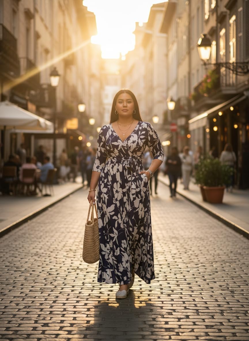 Yajedo Womens Casual Summer Maxi Dress Plus Size Sexy Wrap V Neck 3/4 Sleeve Sundress with Pockets