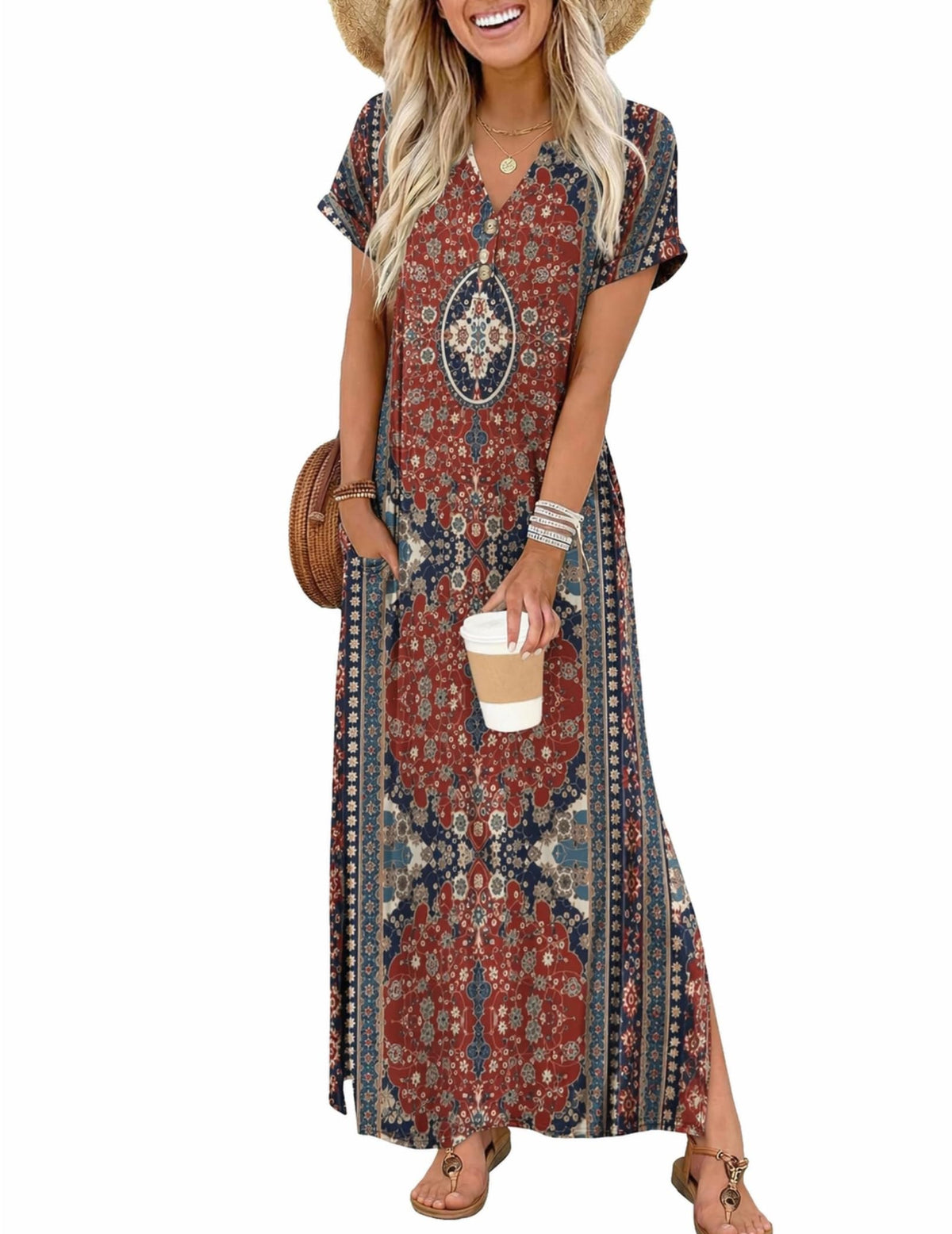Zeagoo Summer Dresses for Women 2026 Maxi Dresses Vacation Sundress Short Sleeve Casual Sundresses Split Dress with Pockets