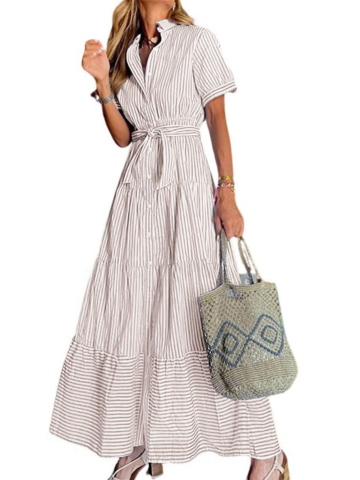 utcoco Womens Casual Short Sleeve Button Down Tie Waist Ruffled Striped Maxi Shirt Dress