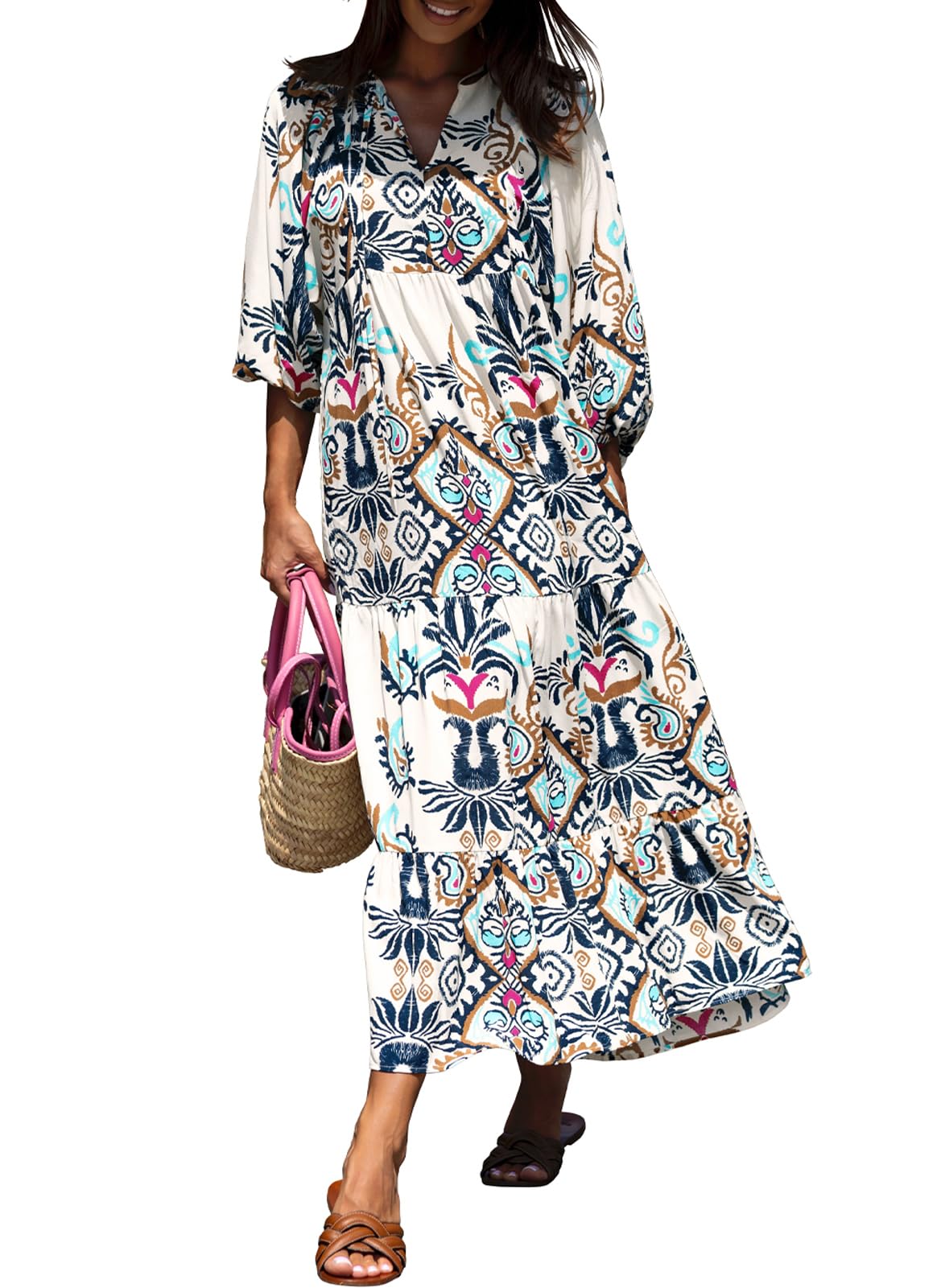 miduo Womens Casual V Neck Half Sleeve Bohemian Geometric Maxi Long Dresses