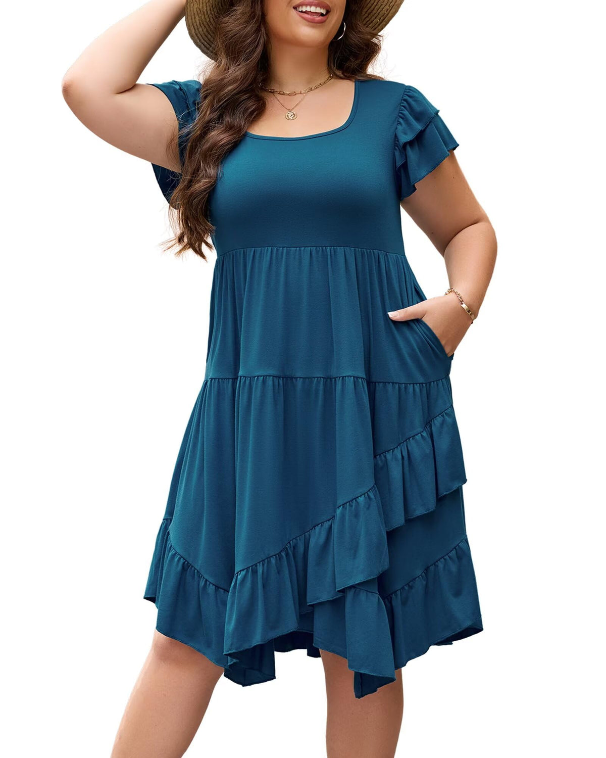 Womens Plus Size Casual Dress Square Neck Double Ruffle Short Sleeves 2 Pockets Ruffled Hem Flowy Dresses