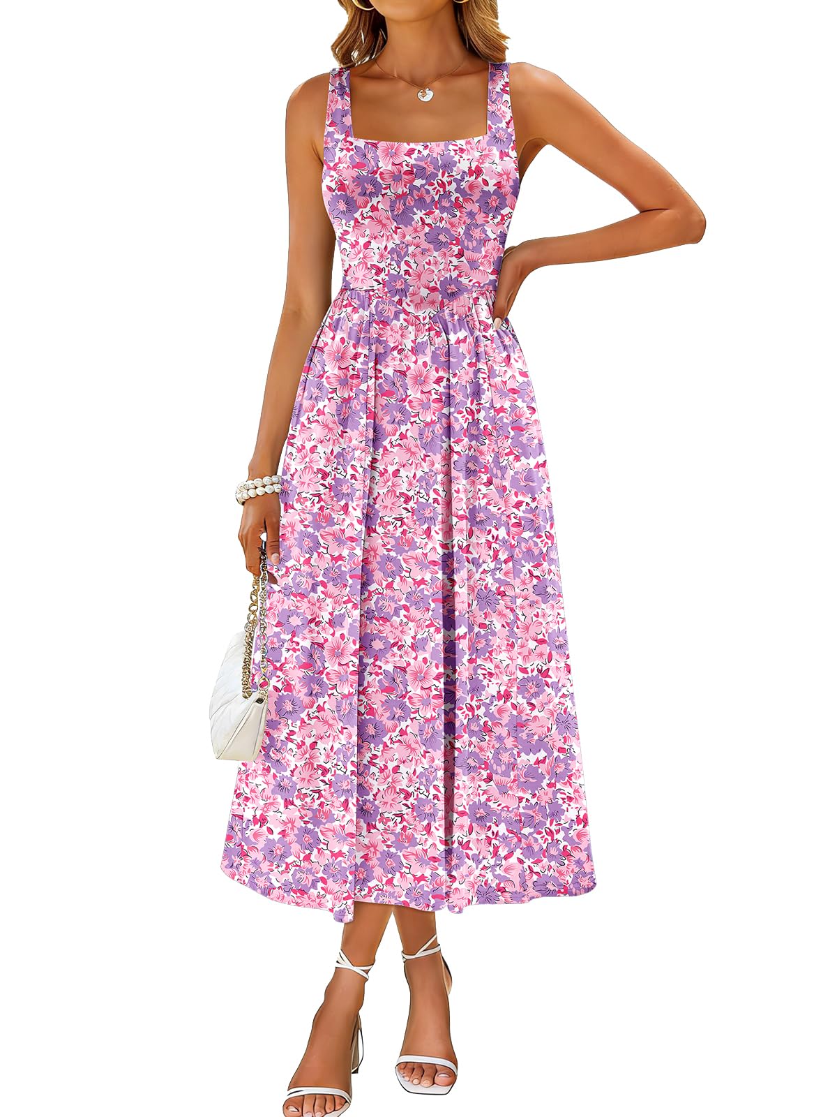 Sureple Midi Dresses for Women 2026 Spring Square Neck Tank Sleeveless A Line Casual Summer Sundresses with Pockets