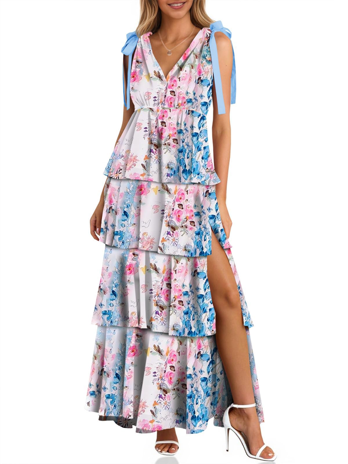 Wenrine Womens Elegant Wedding Guest Dress Floral Ruffle Maxi Dresses