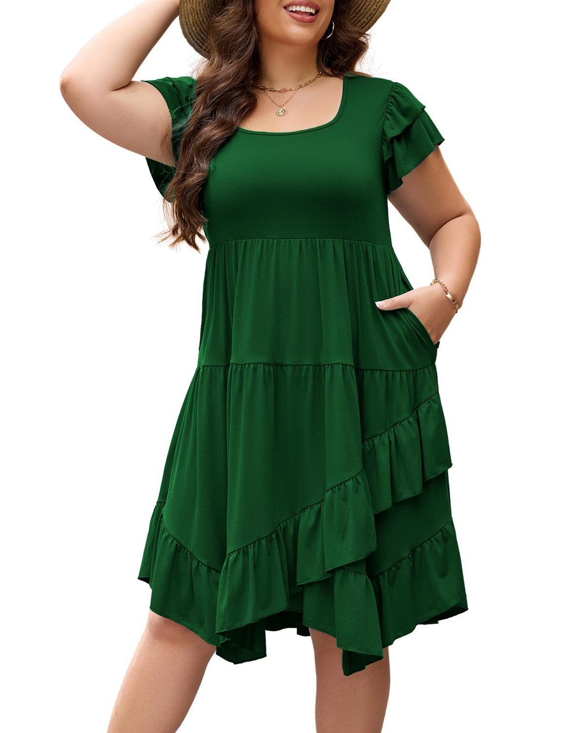 Womens Plus Size Casual Dress Square Neck Double Ruffle Short Sleeves 2 Pockets Ruffled Hem Flowy Dresses